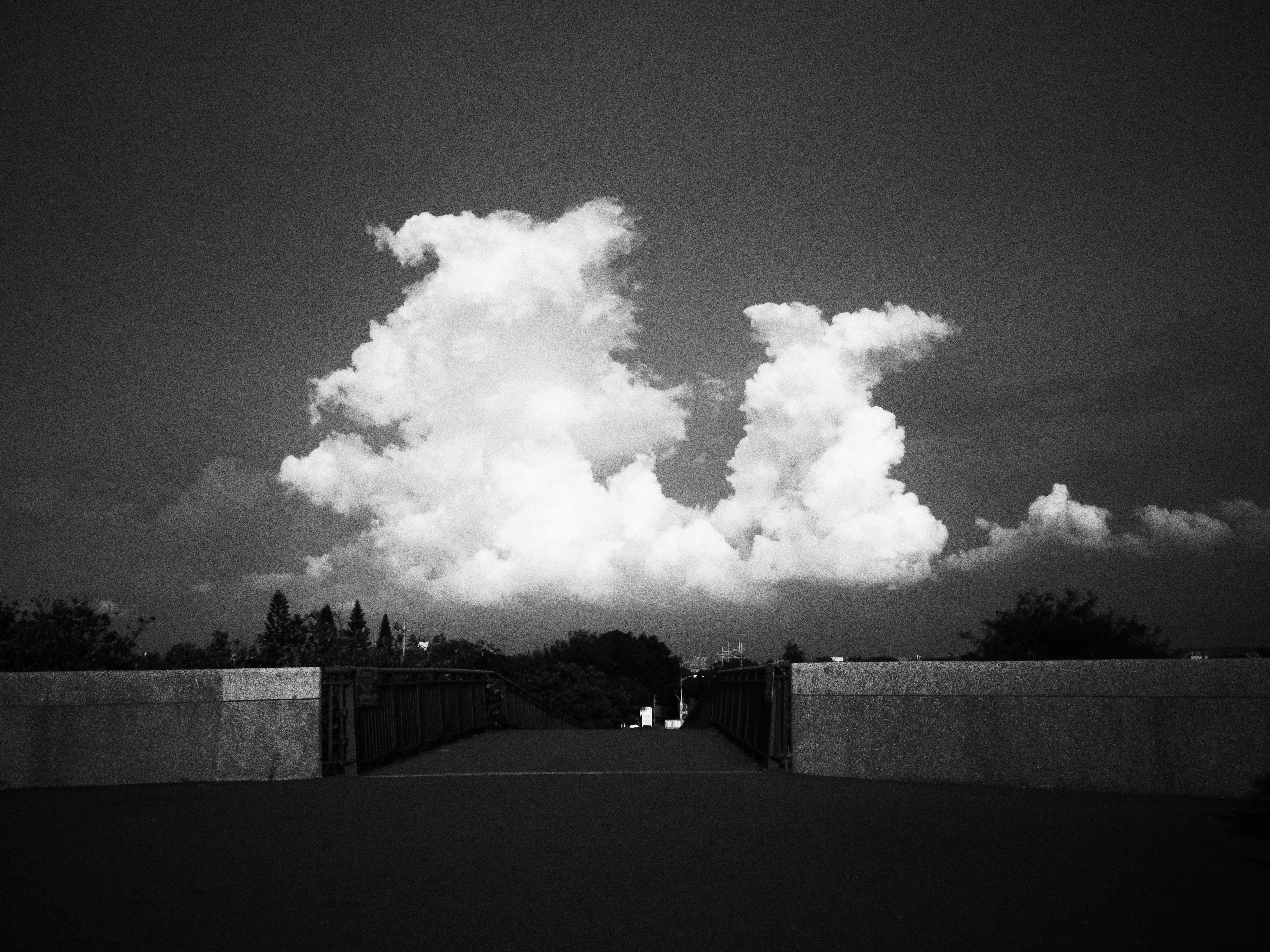 黒い空の下に広がる雲と草地の風景