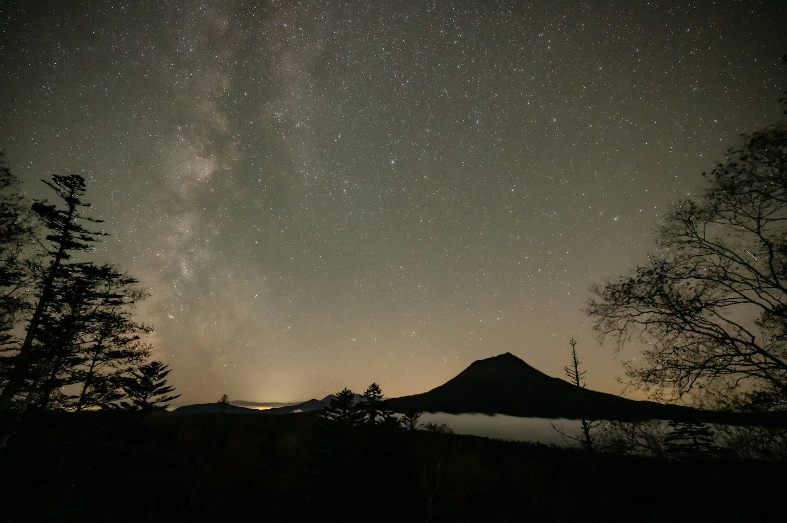 Siluet gunung dan pohon di bawah langit berbintang