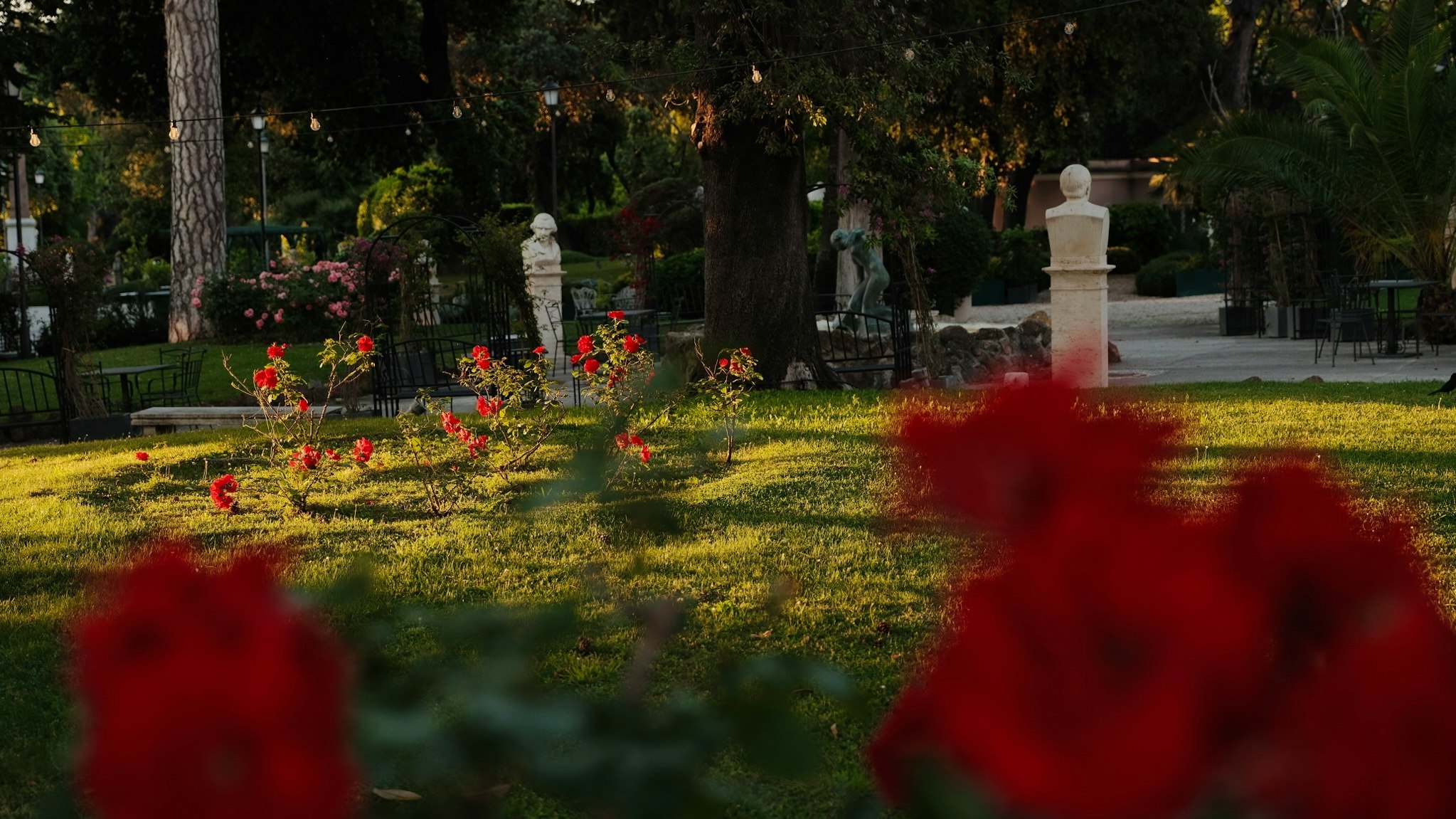 escena de paseo en un parque con césped y macizos de flores
