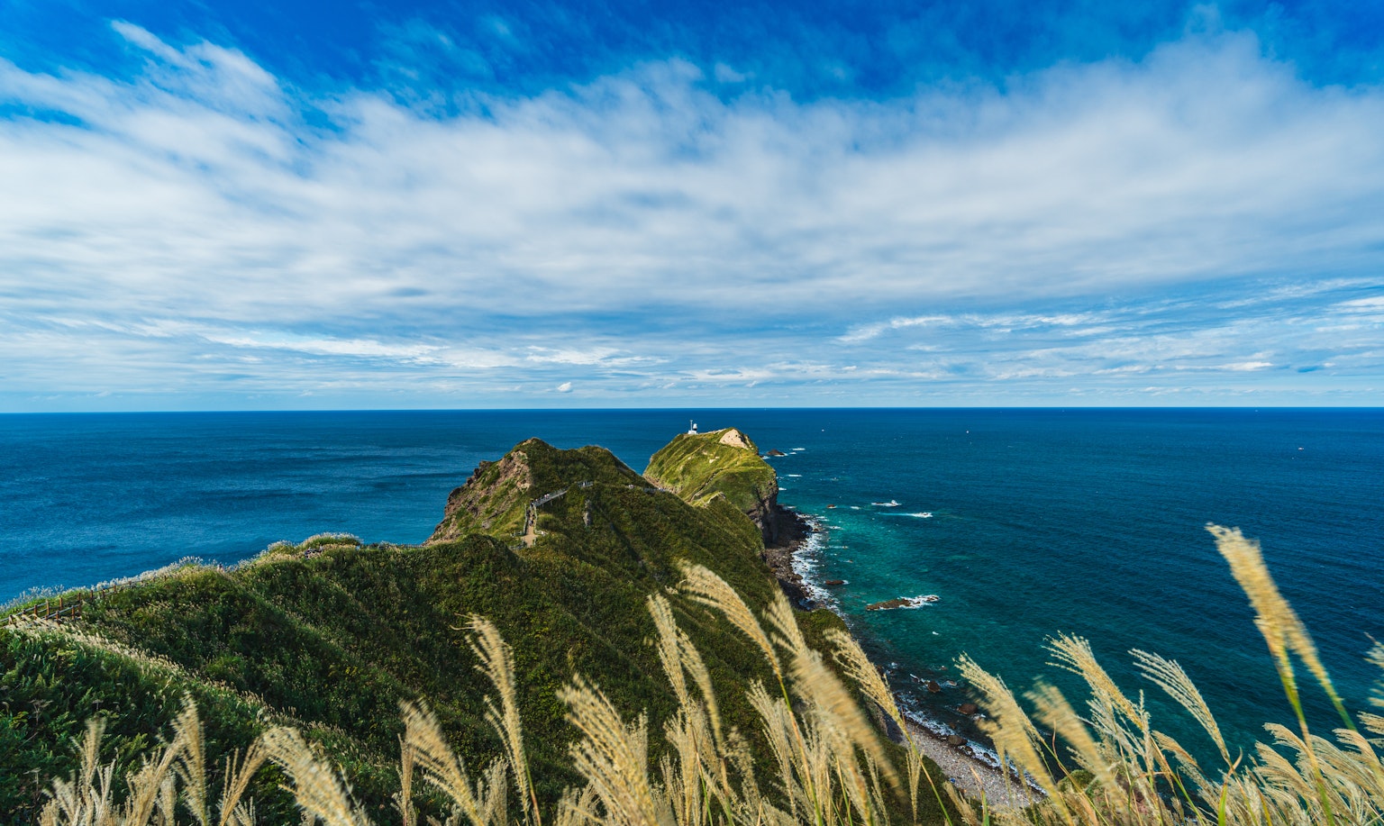 Malersicher Blick auf grüne Hügel und Gras vor einem blauen Ozean und Himmel