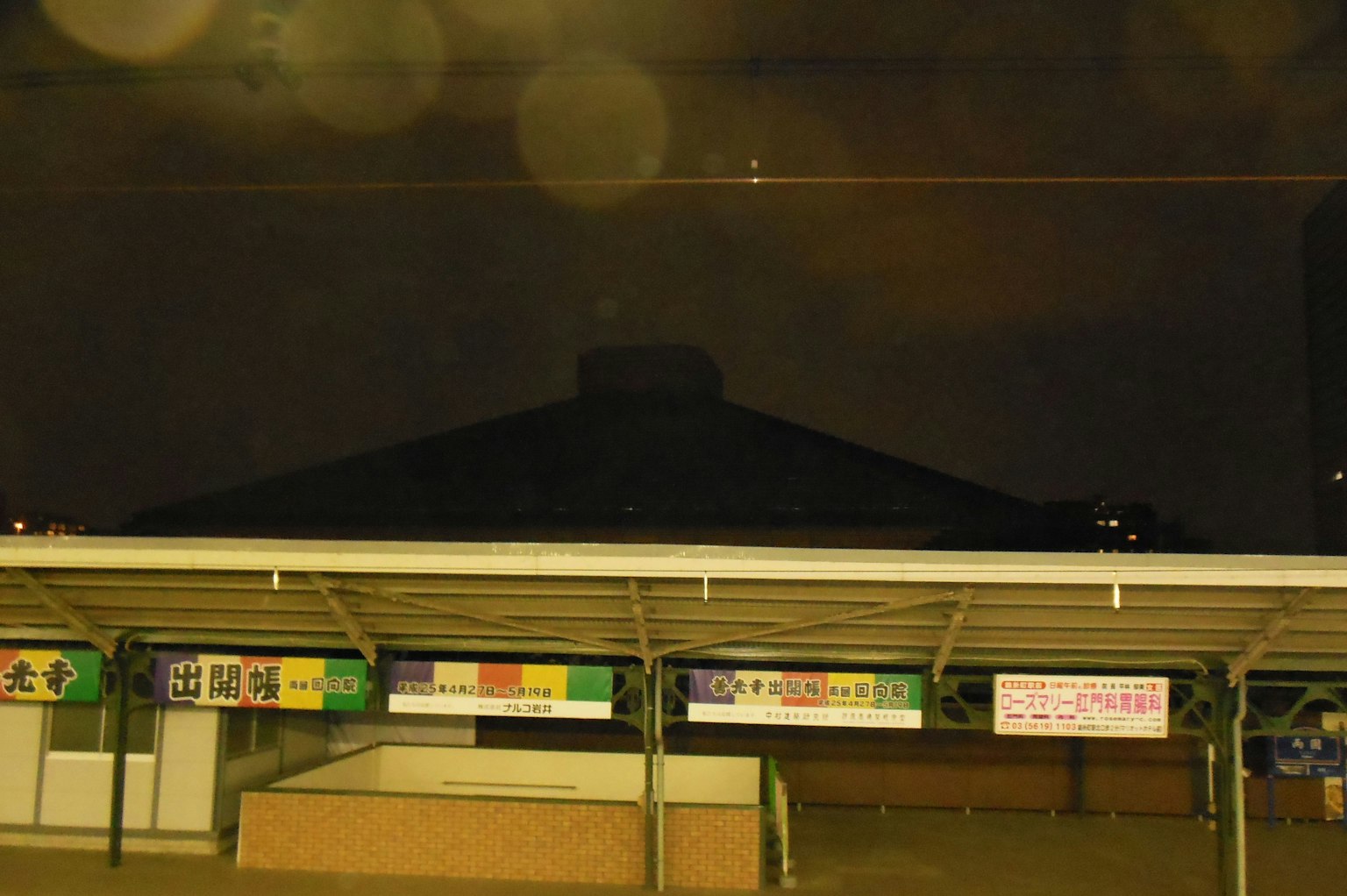 夜间建筑及其独特屋顶和标牌的景观