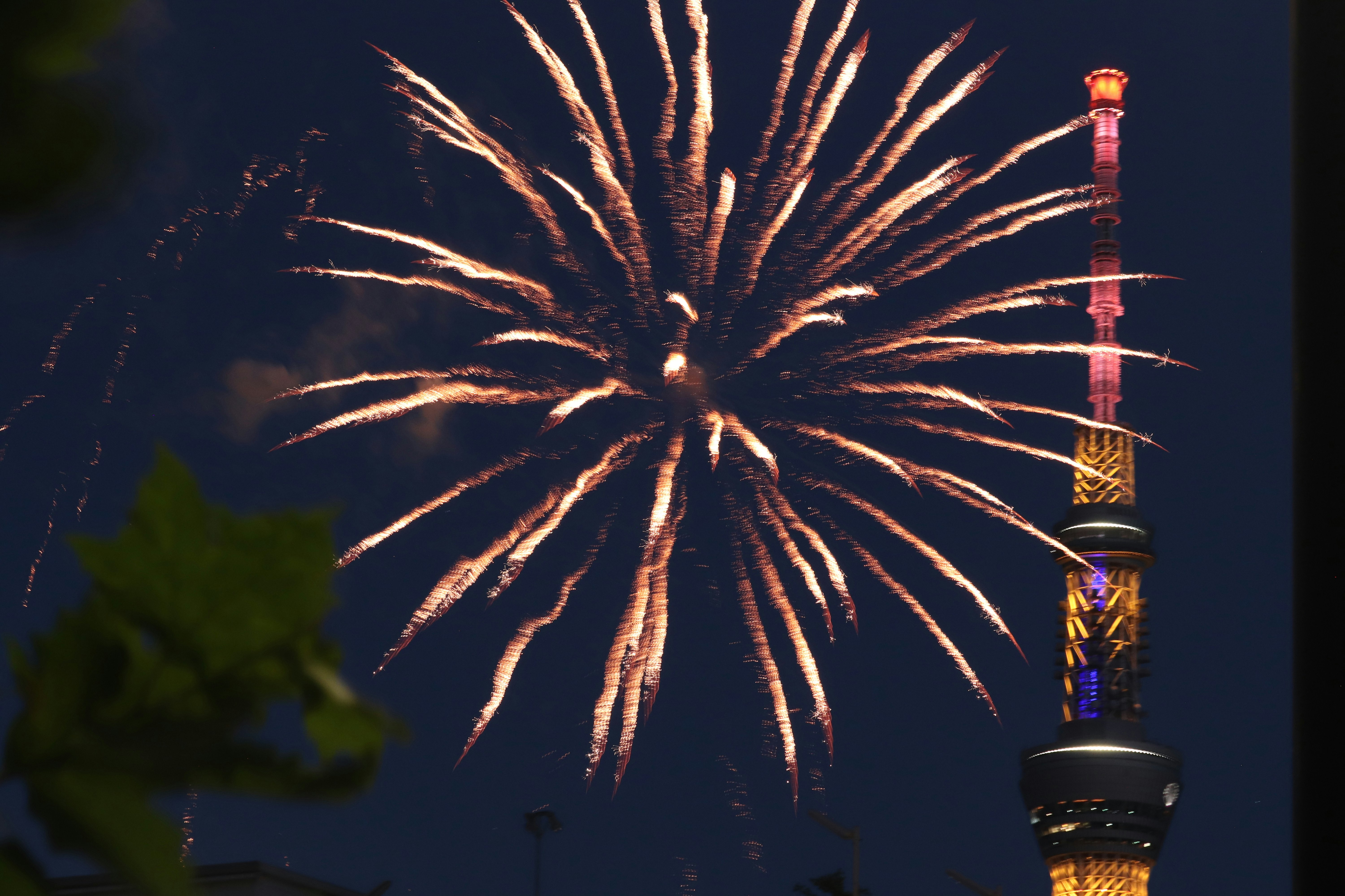 Fireworks display behind Tokyo Skytree at night