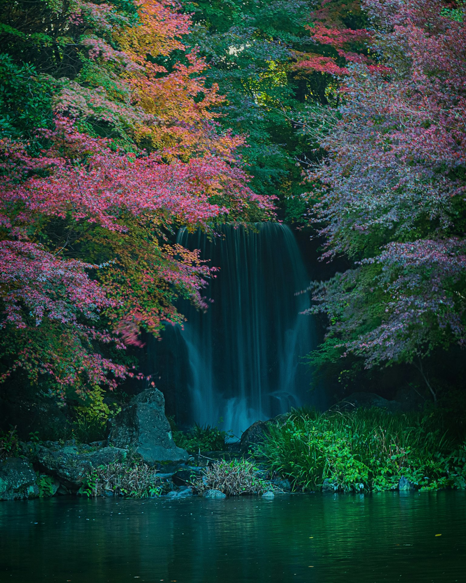 Scenic waterfall surrounded by vibrant autumn foliage