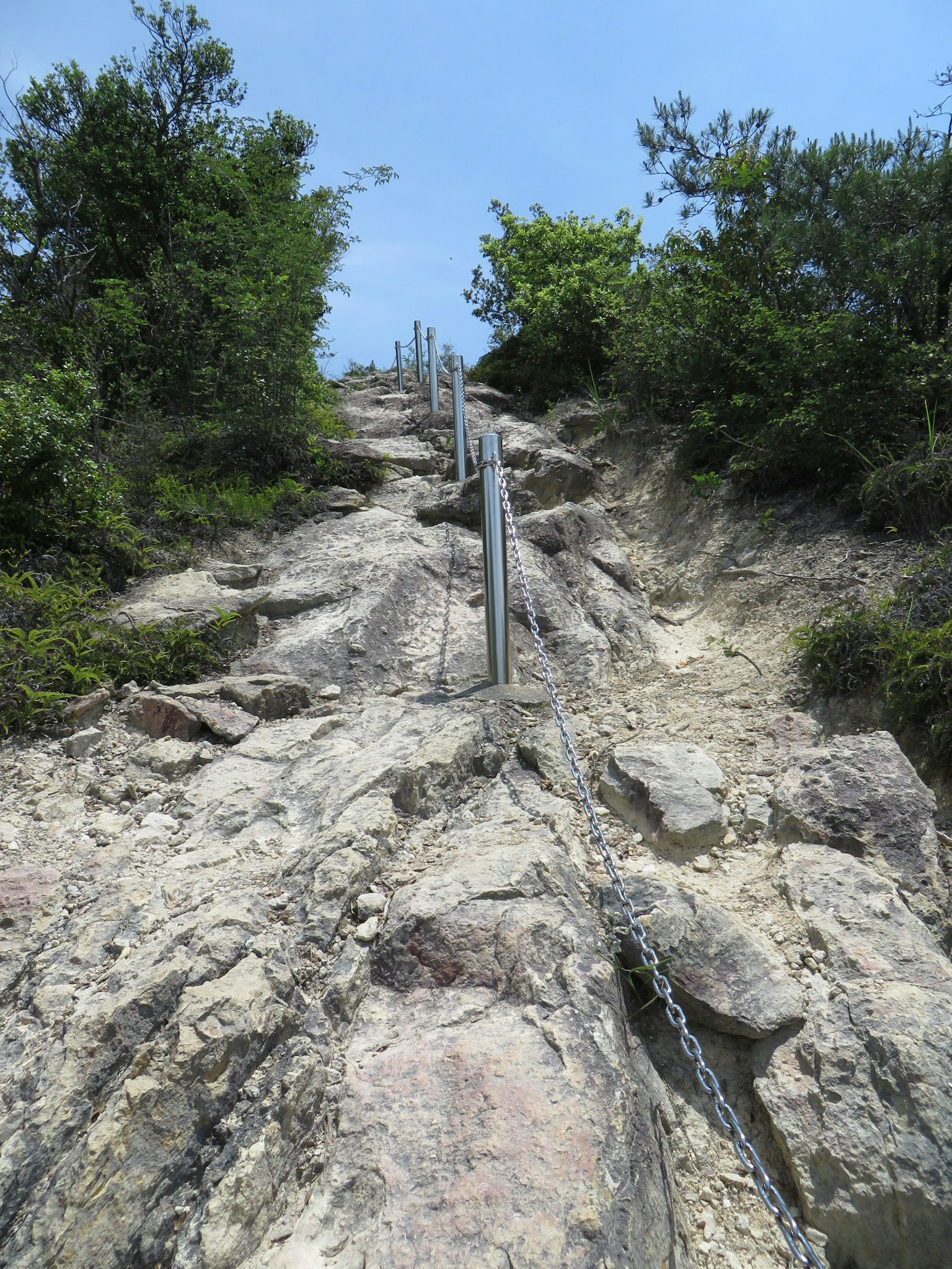 Sentier rocailleux avec chaînes et rampes menant en hauteur