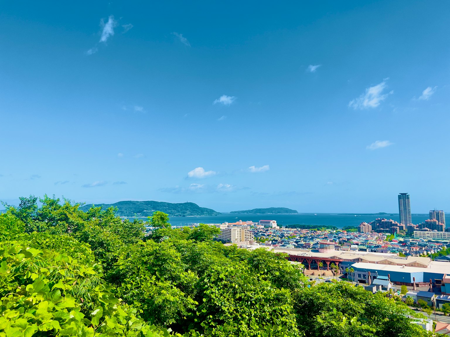 ภูมิทัศน์สีเขียวอุดมสมบูรณ์พร้อมทิวทัศน์ของท้องฟ้าสีฟ้าและมหาสมุทรตามเส้นขอบฟ้าของเมือง