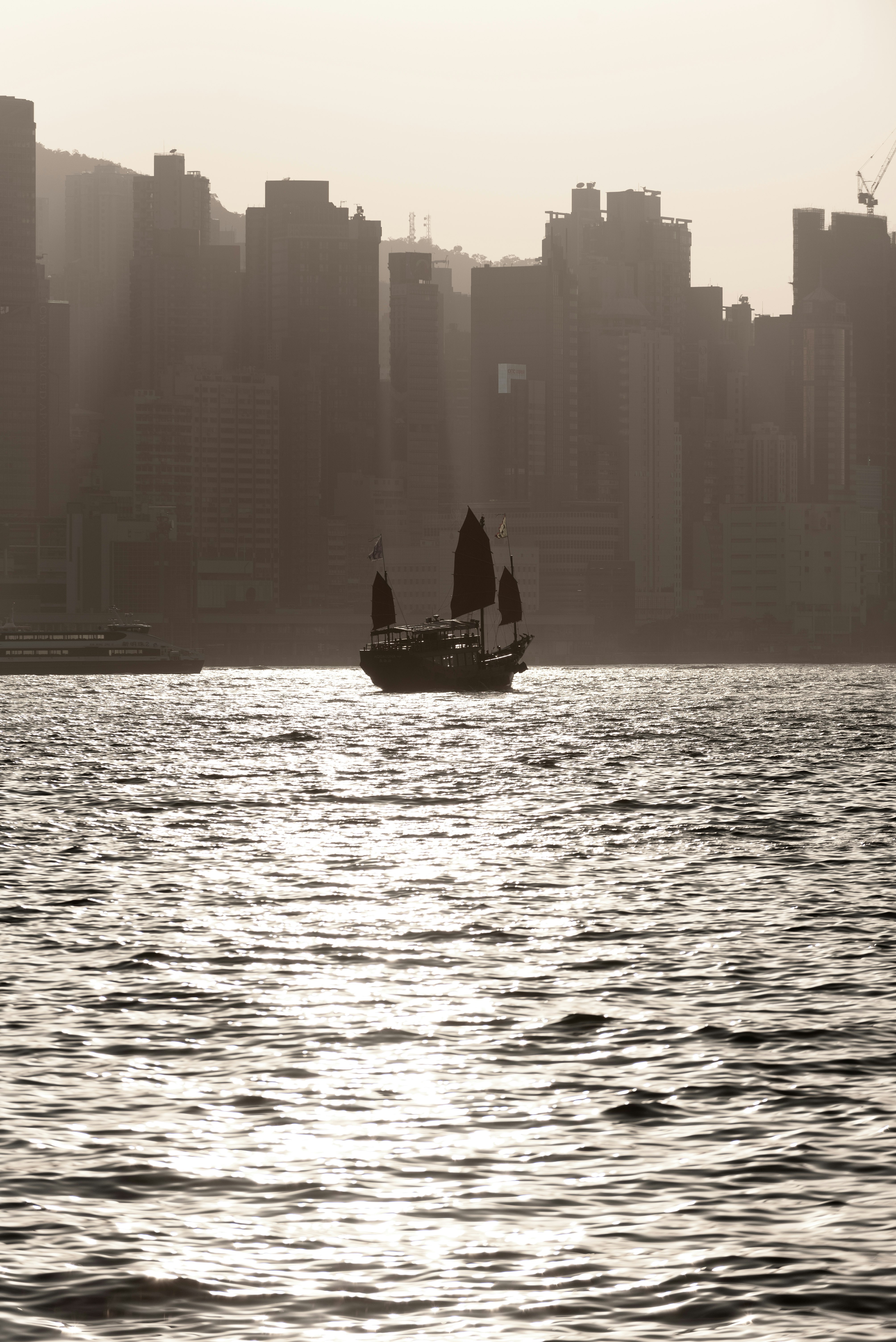 夕暮れの川面を進む帆船と高層ビル群