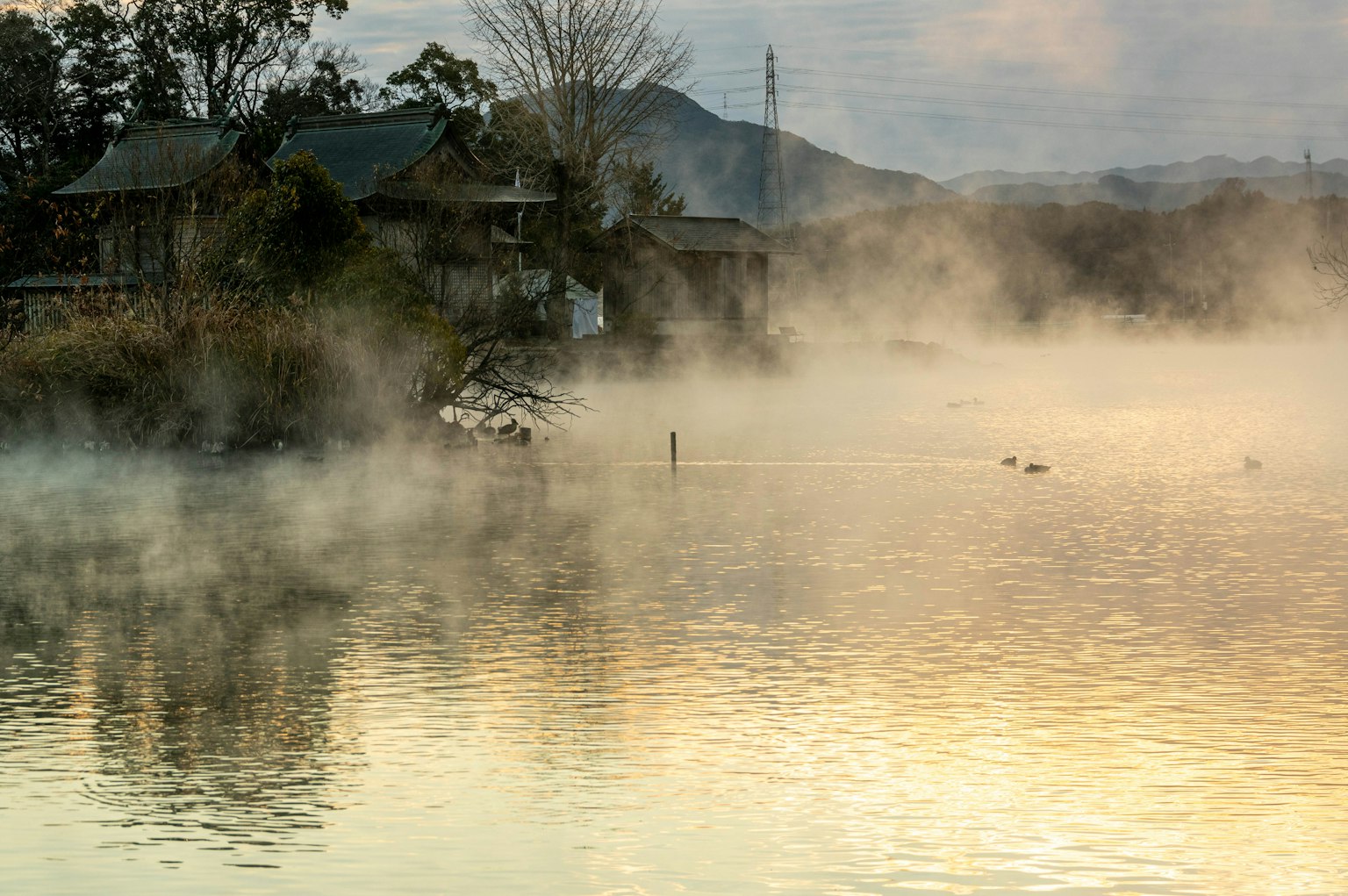 Paisaje de río brumoso con casas tranquilas y suaves reflejos