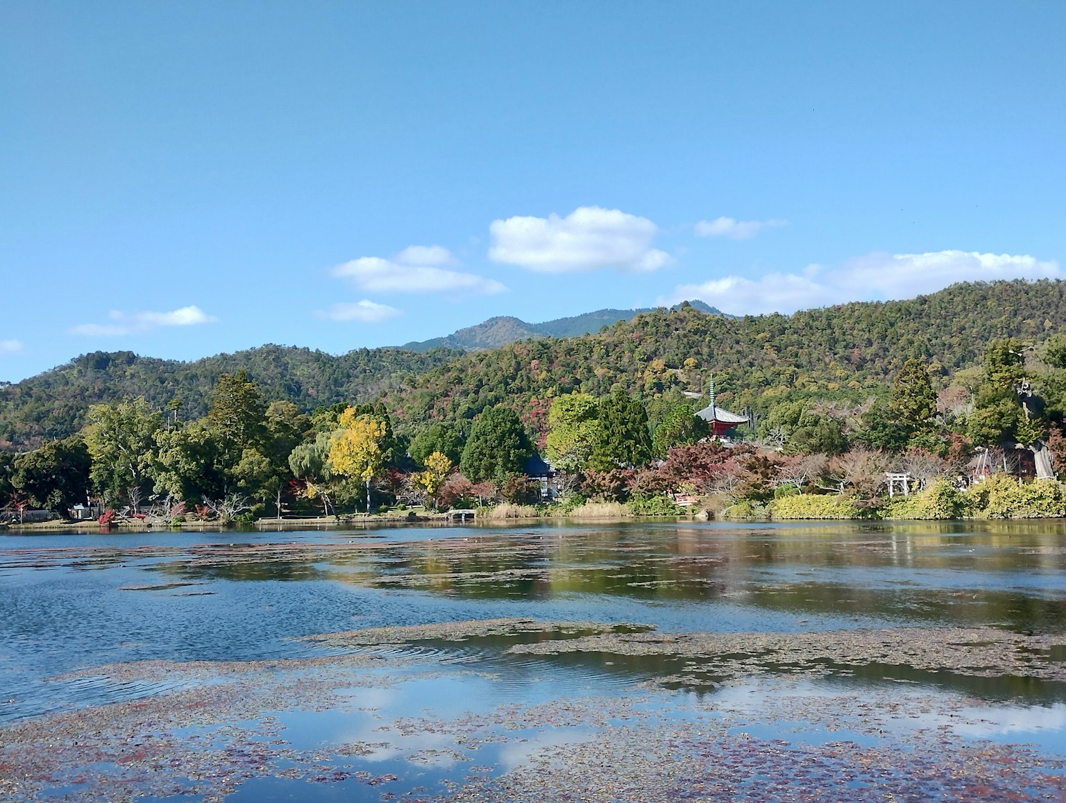 湖泊周围被山脉和多彩树木环绕的风景，蓝天