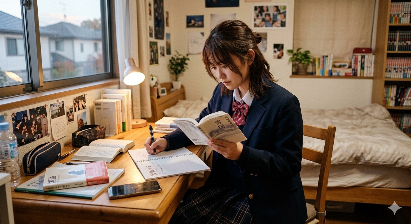 自室で勉強する学生の机上のノートと本
