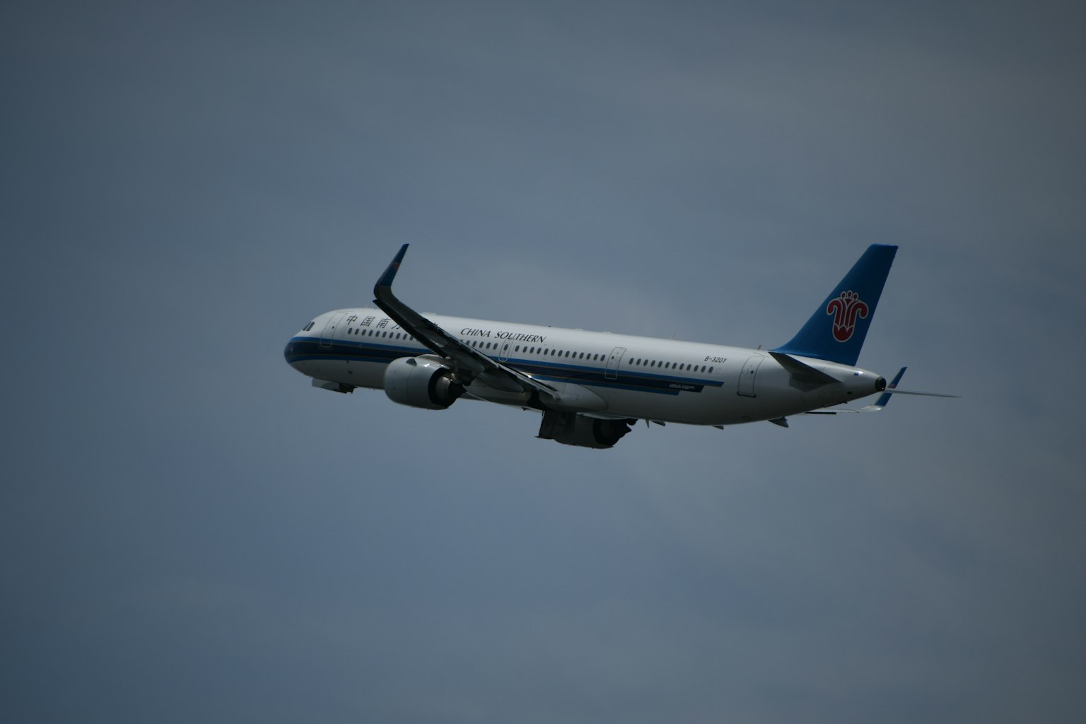 Passenger aircraft flying in the sky with a blue tail