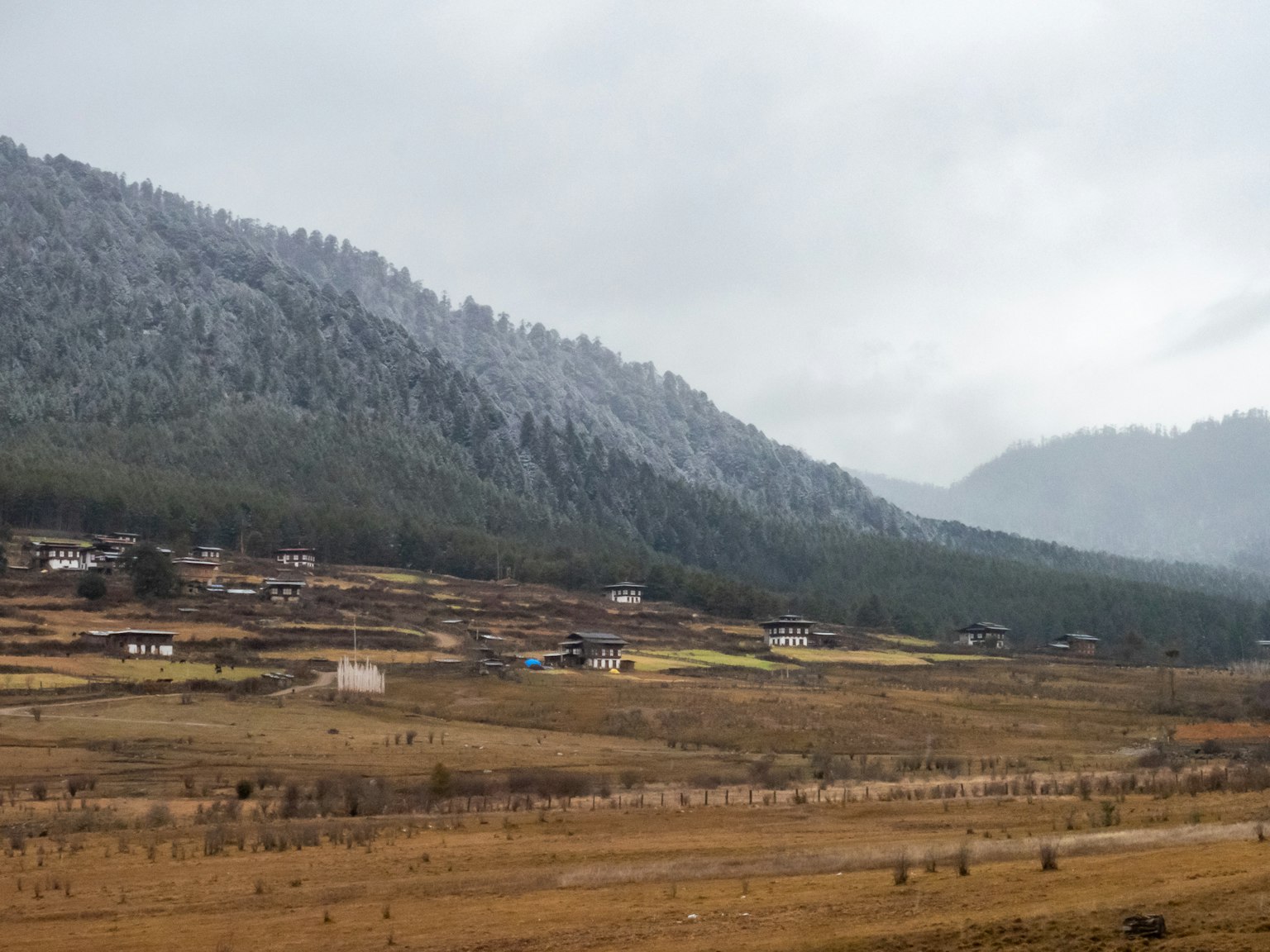 雪覆蓋的山脈和鄉村景觀中的房屋