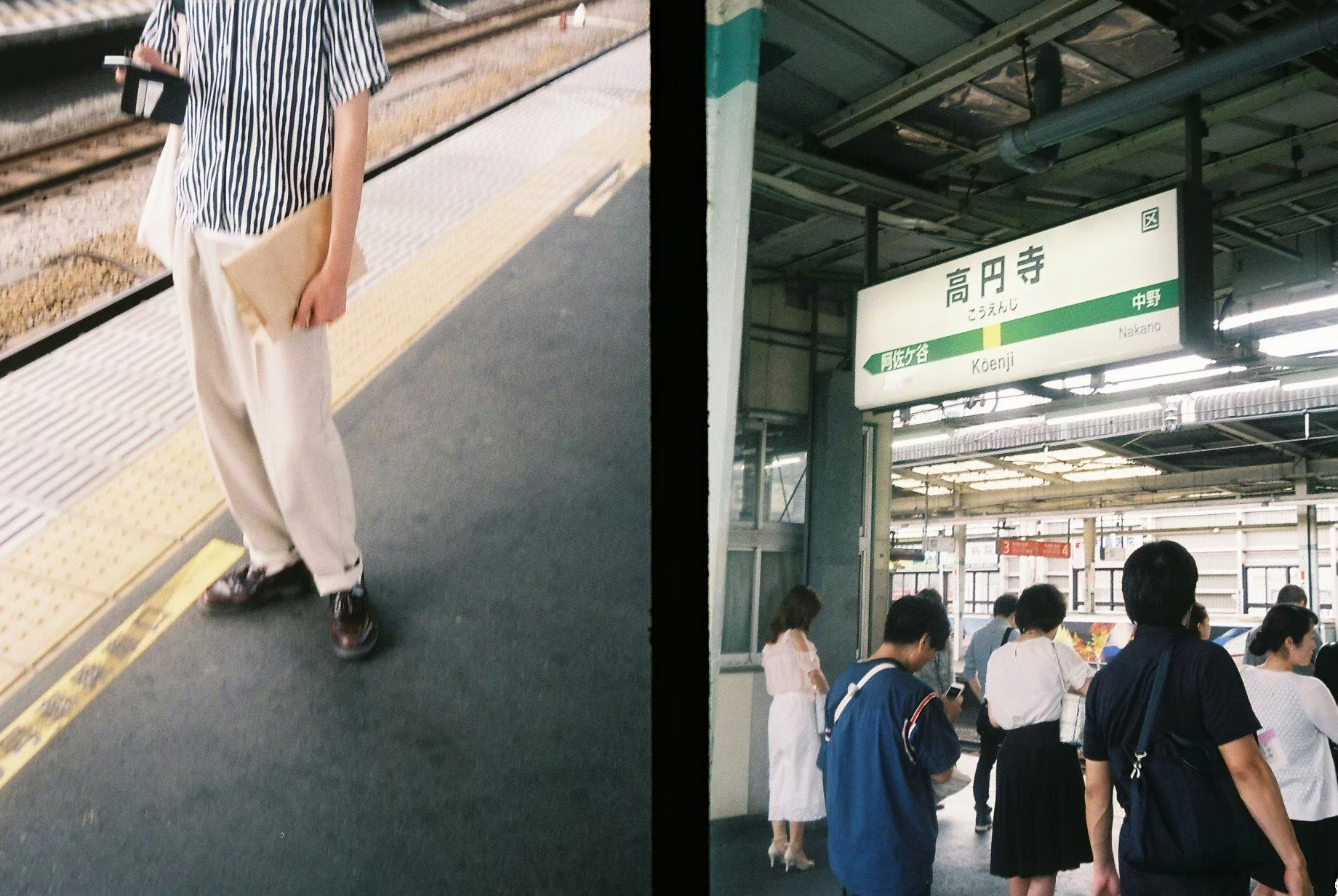 ホームで買い物袋を持つ人と駅の改札付近の行列