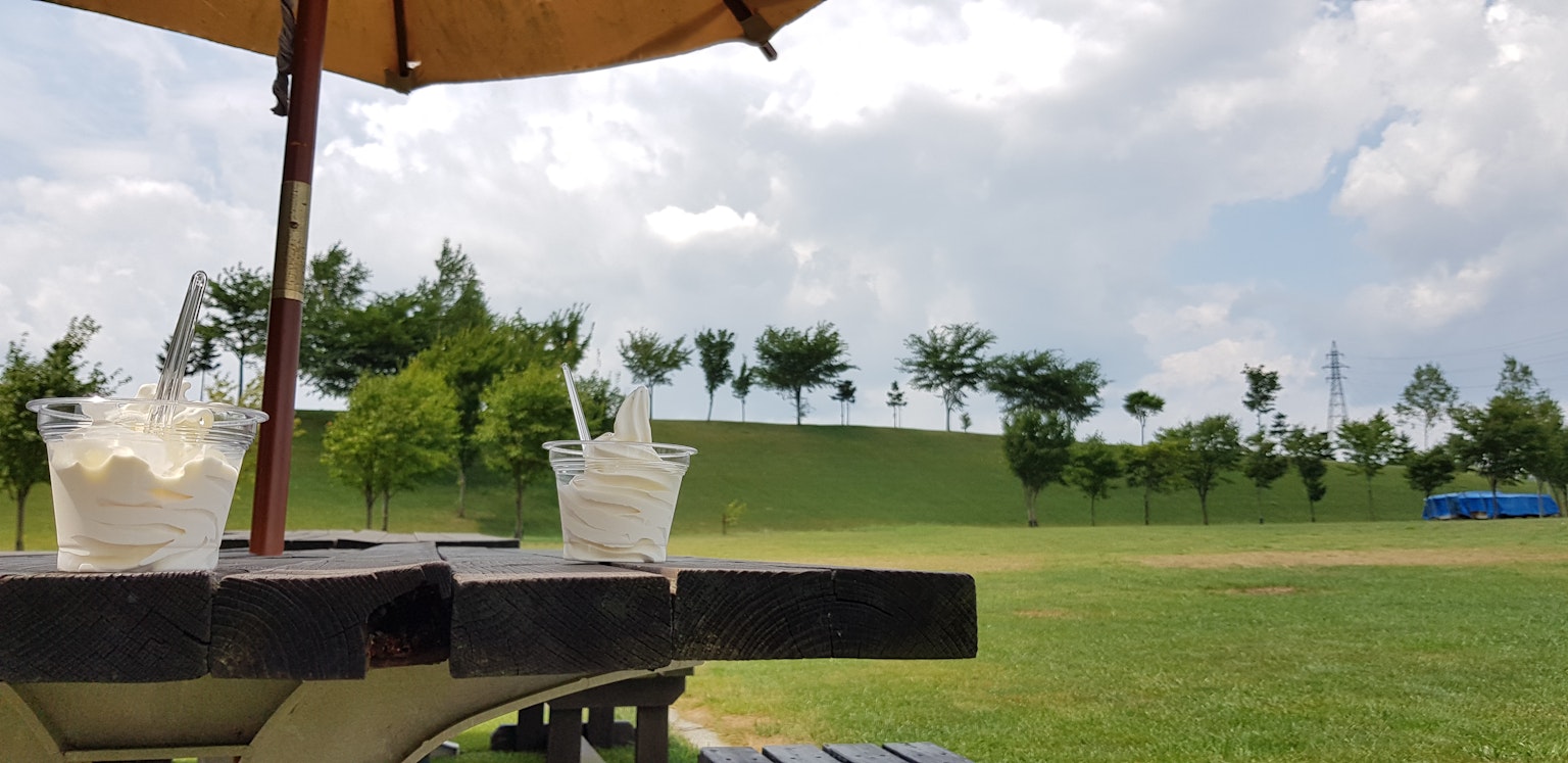 Dos bebidas en una mesa con una sombrilla en un parque