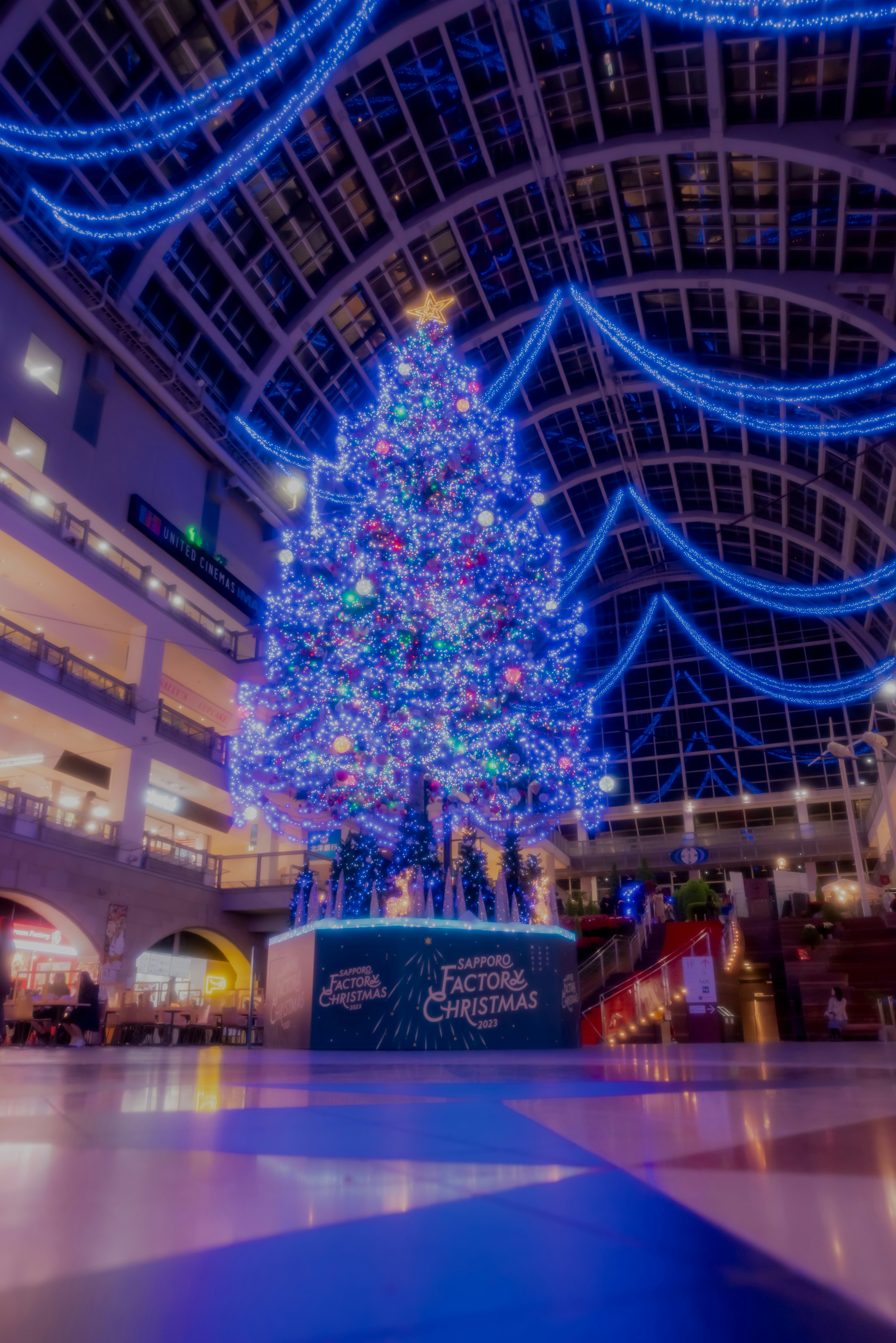 札幌ファクトリーのクリスマスツリーとイルミネーションの館内画像