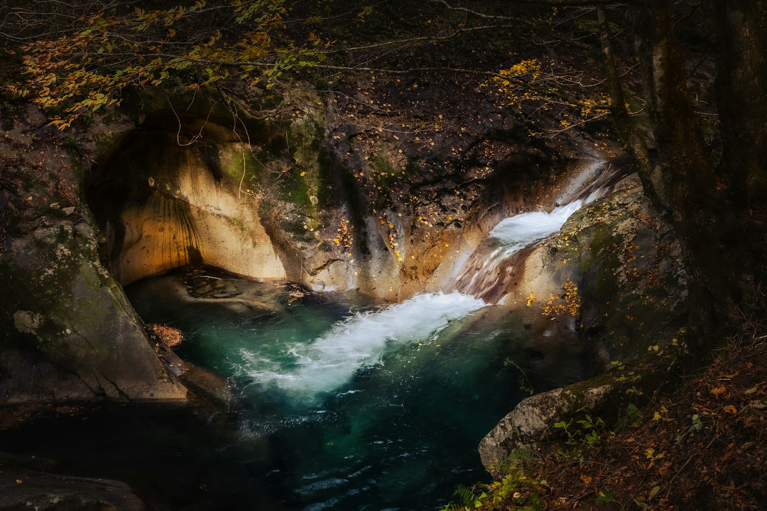 Un ruisseau coulant entre des rochers dans un cadre forestier