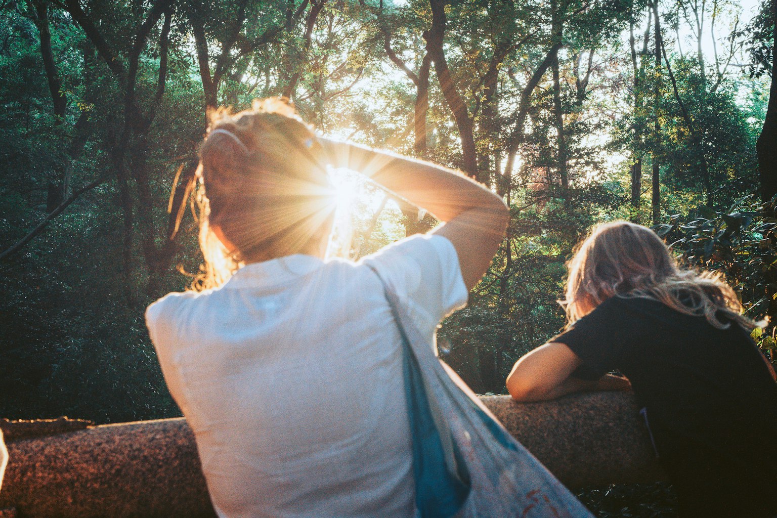 Due persone che guardano il tramonto in una foresta