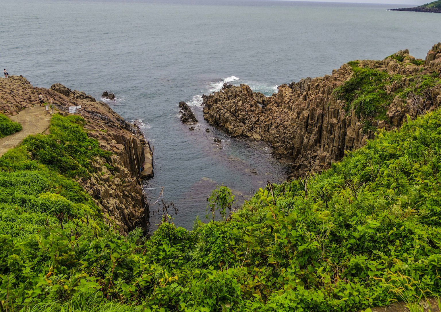 郁郁蔥蔥的海岸線與岩石形成及平靜的海洋