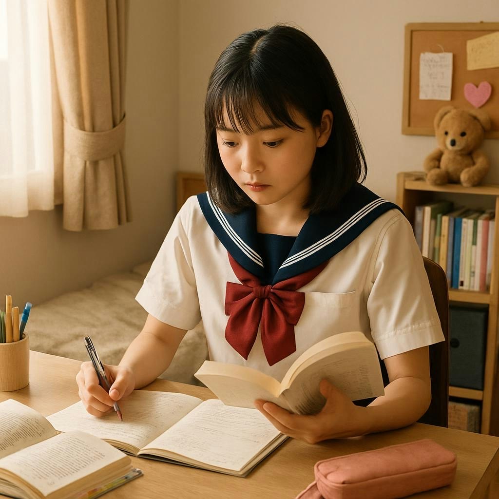 自室で勉強する制服姿の子どもが本に書き込む様子