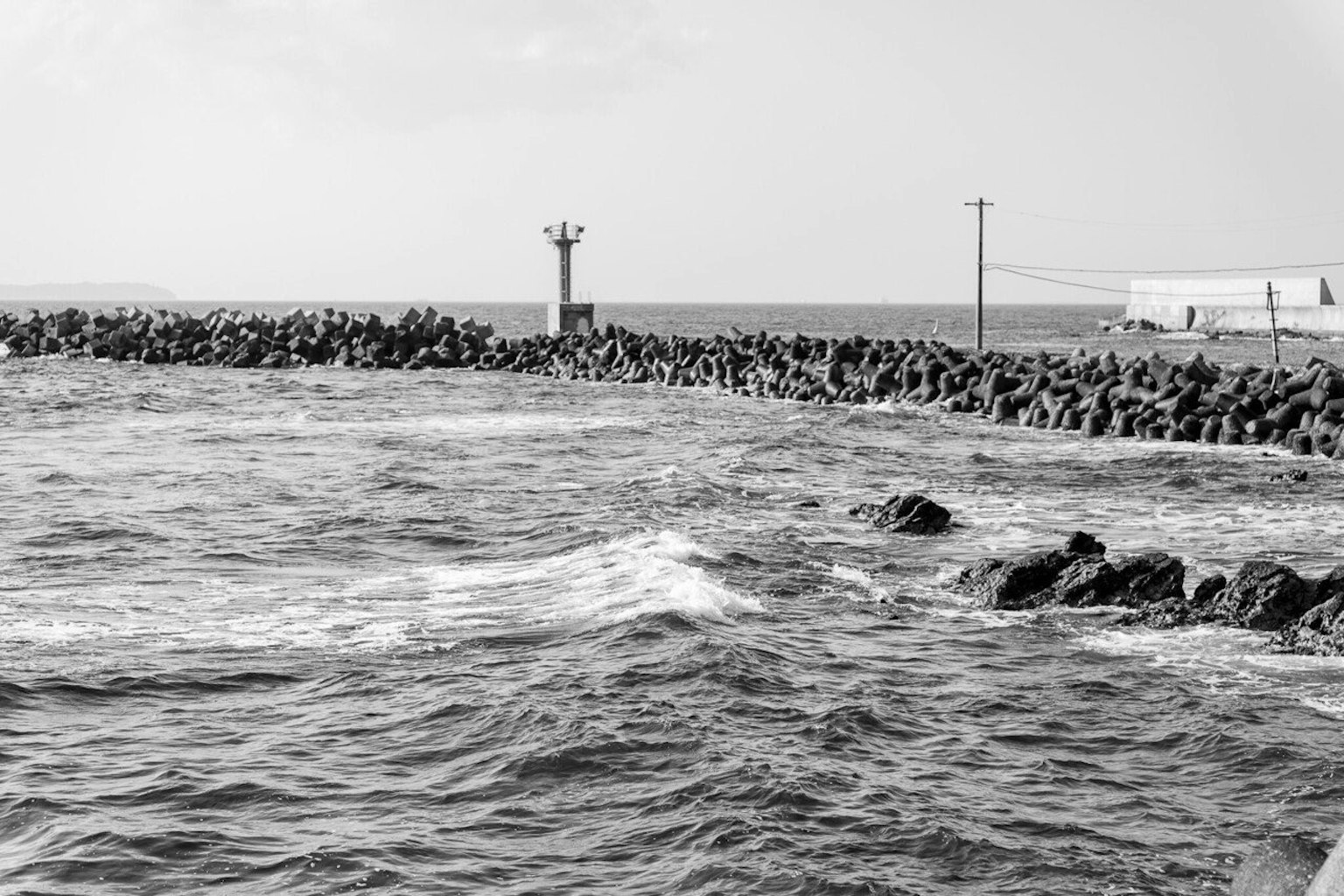 Immagine in bianco e nero di una costa con un molo onde che si infrangono