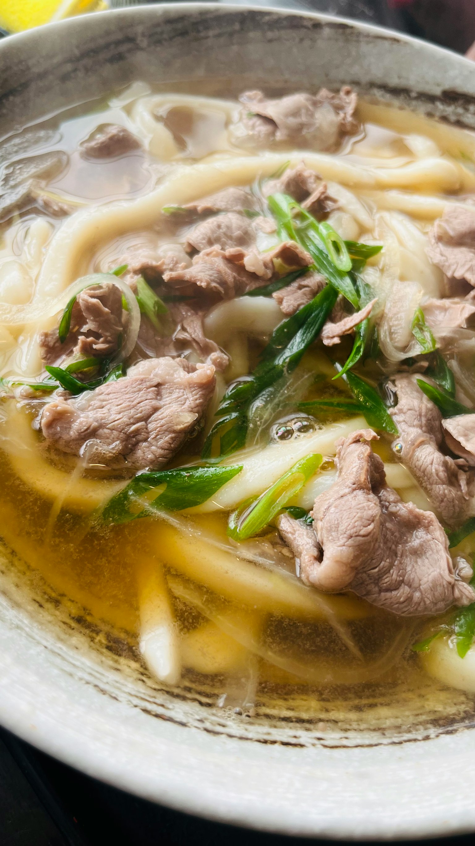 Mangkok sup udon dengan daging sapi dan bawang hijau