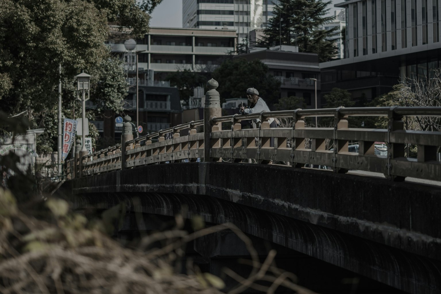 Scena con persone su un ponte e edifici sullo sfondo