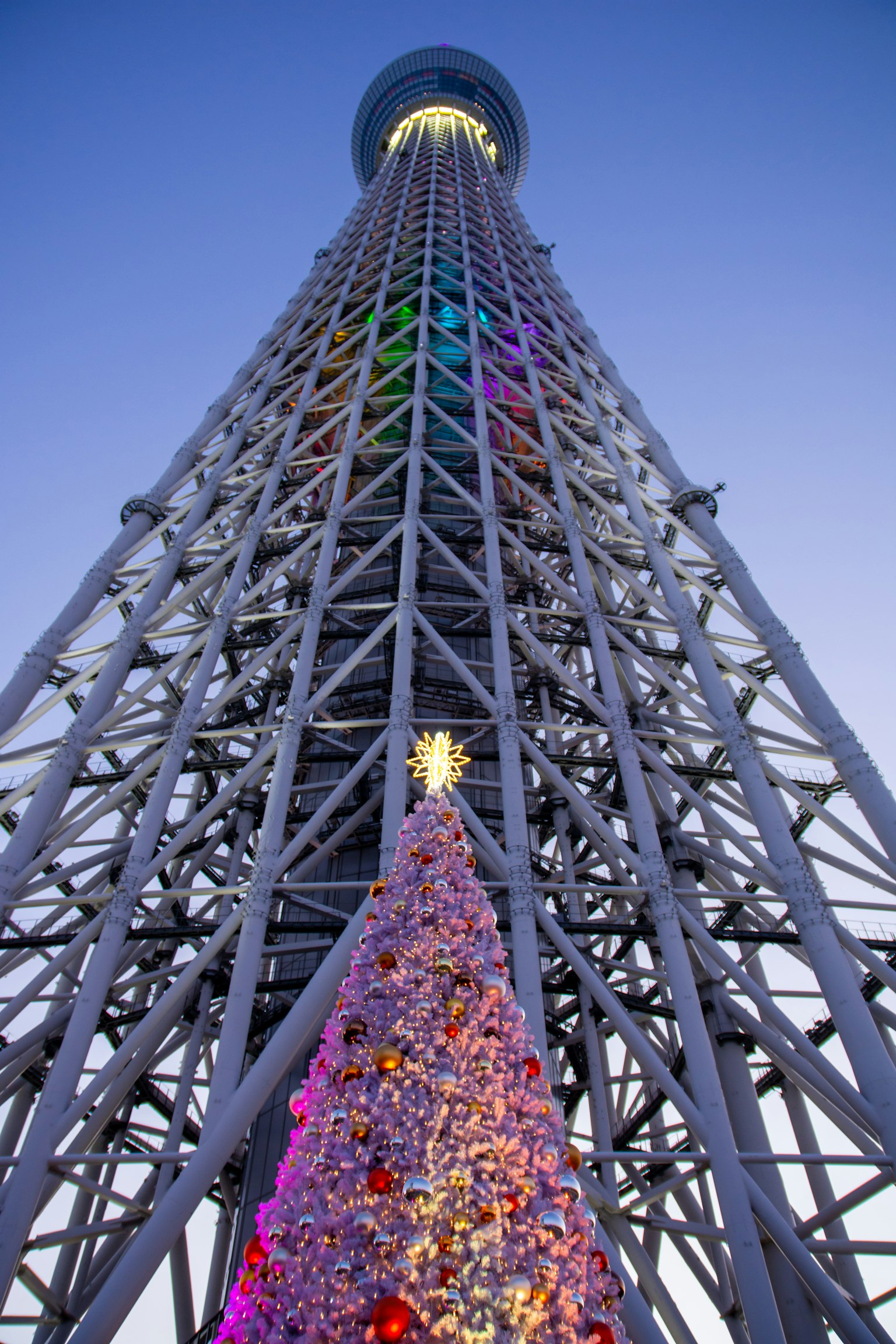 Tokyo Skytree la nuit avec un arbre de Noël décoré