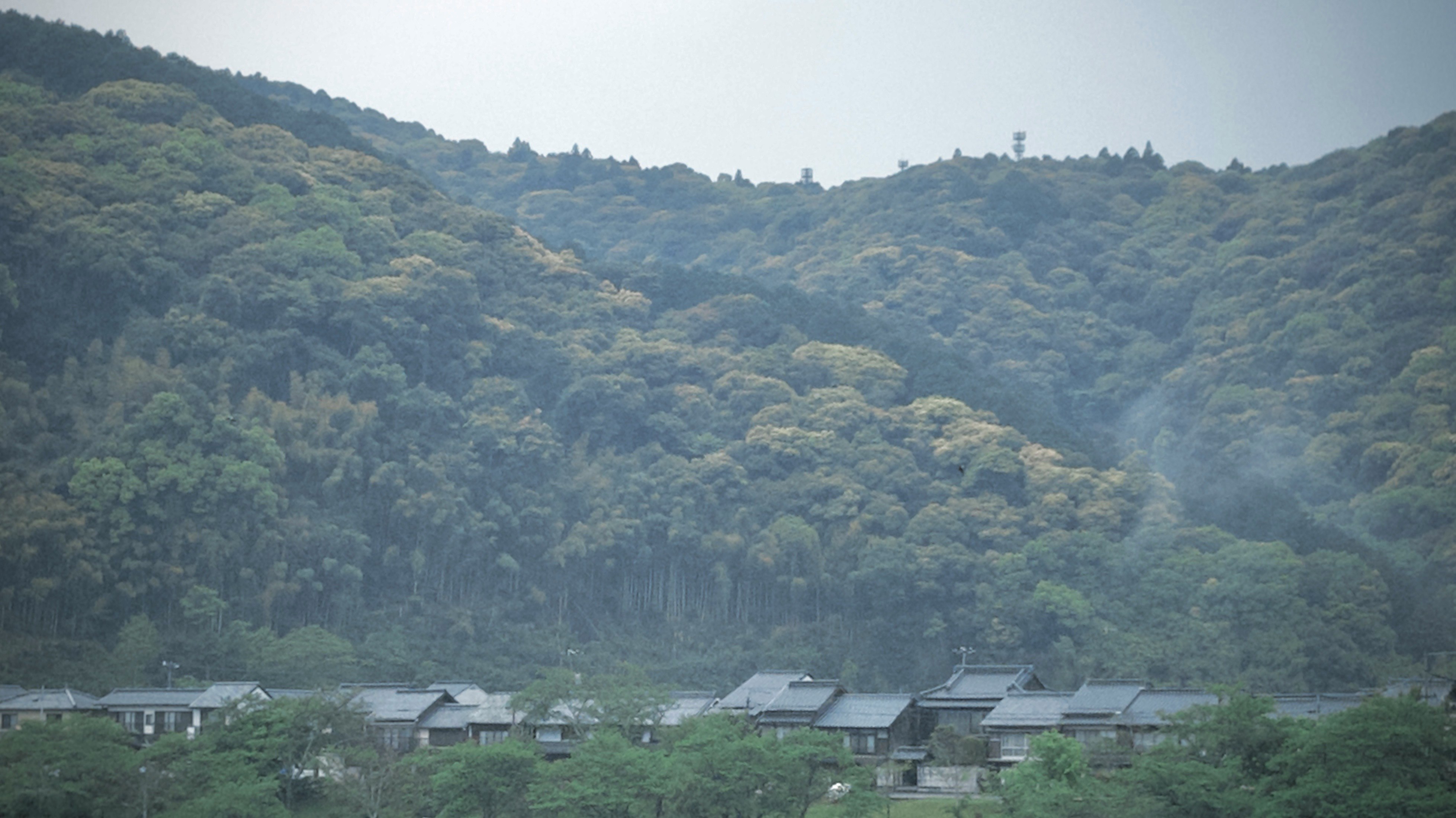 山あいの集落と緑の丘並みの風景