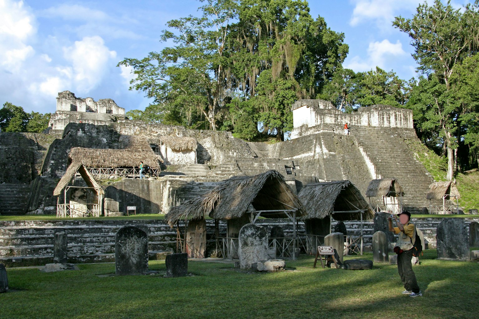 Landscape of the ancient Mayan ruins of Tikal with thatched huts