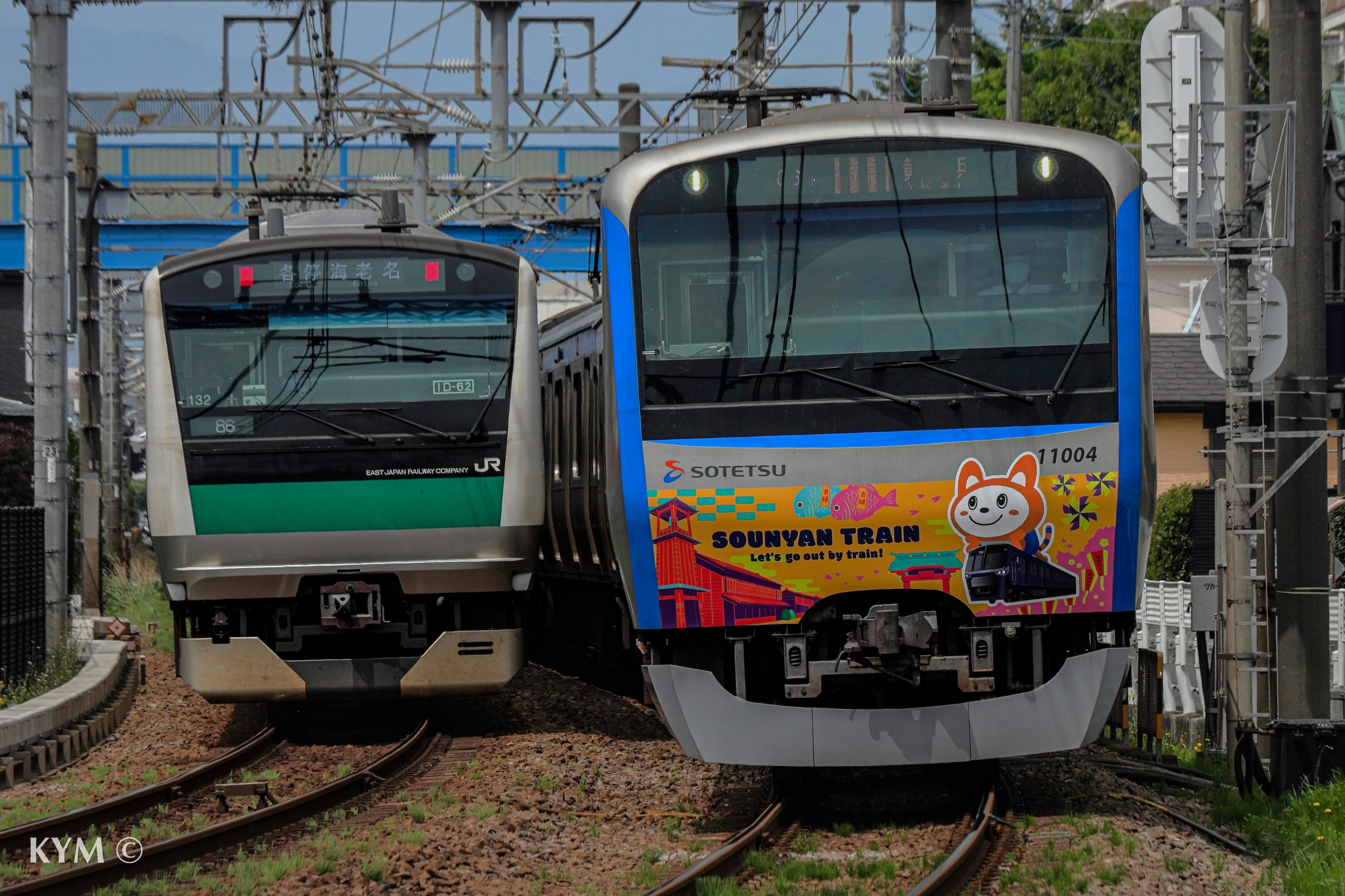 相鉄11000系とE233系7000番台が並ぶ鉄道車両のホーム画像