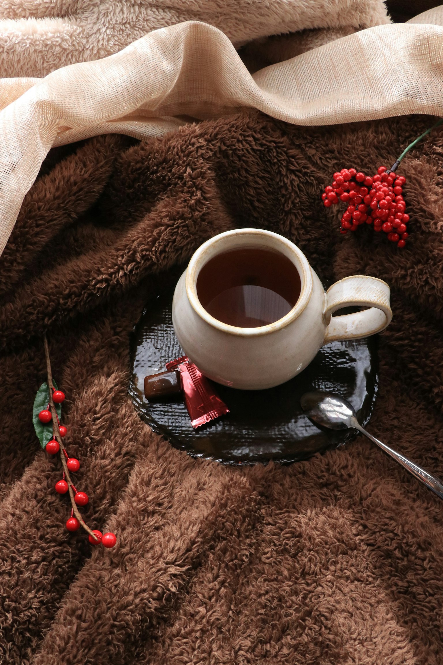 陶瓷杯中盛著茶和紅色漿果放在棕色毛毯上