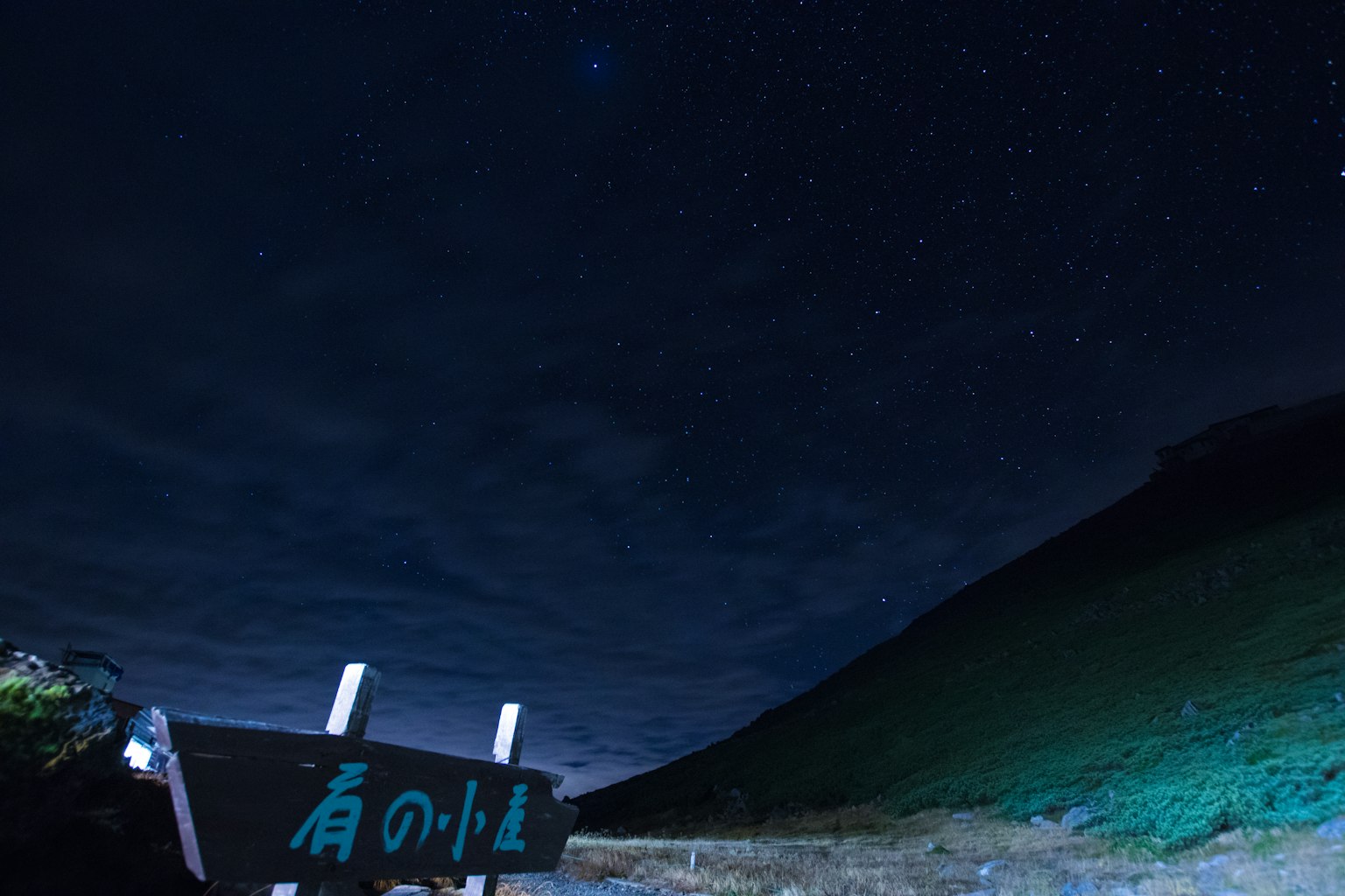 Signpost under a starry sky and hillside