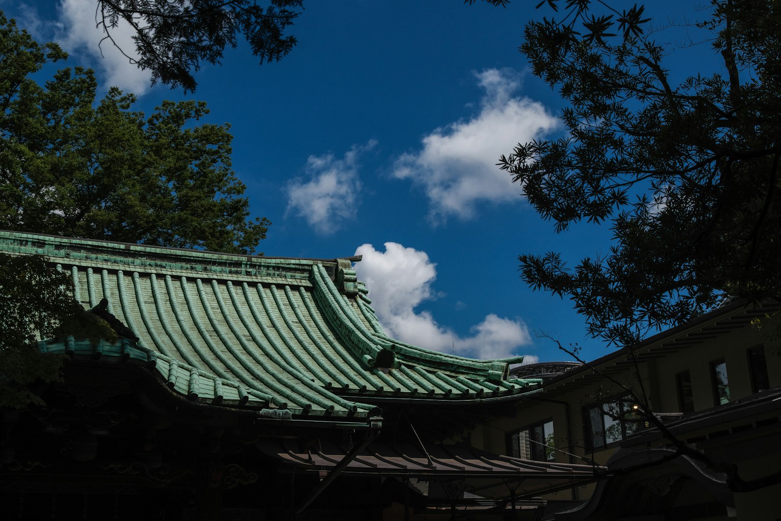 綠色屋頂建築在藍天和白雲下