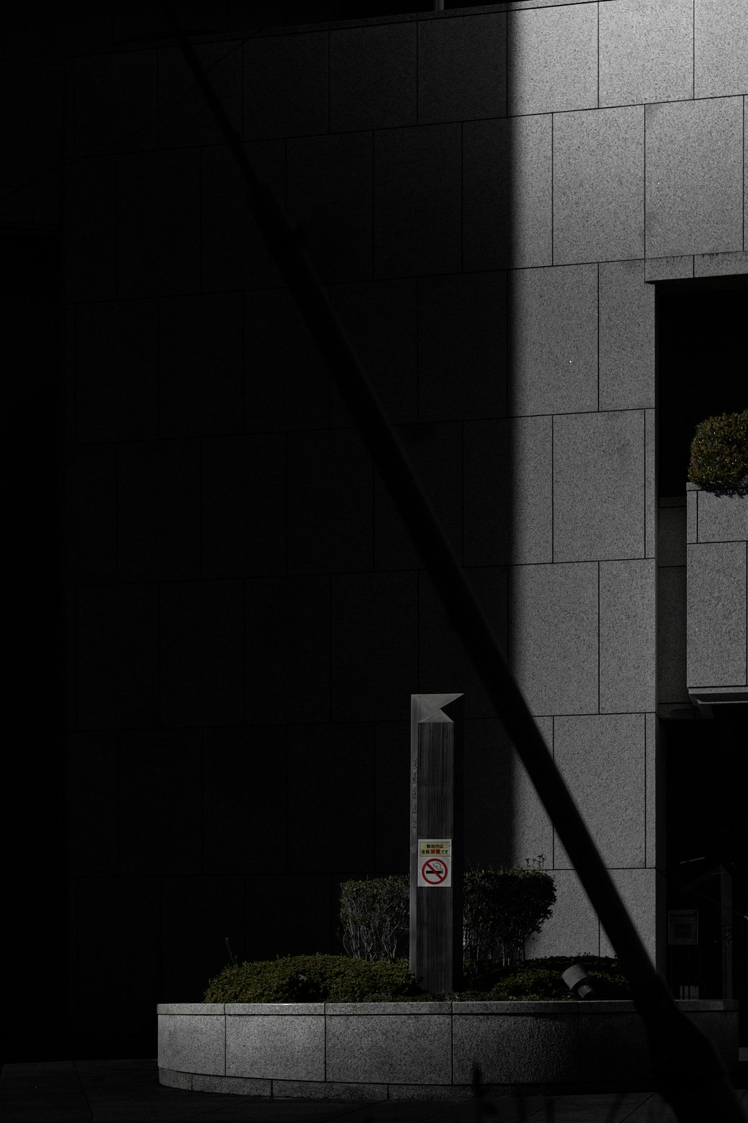 façade de bâtiment de nuit et entrée ombragée