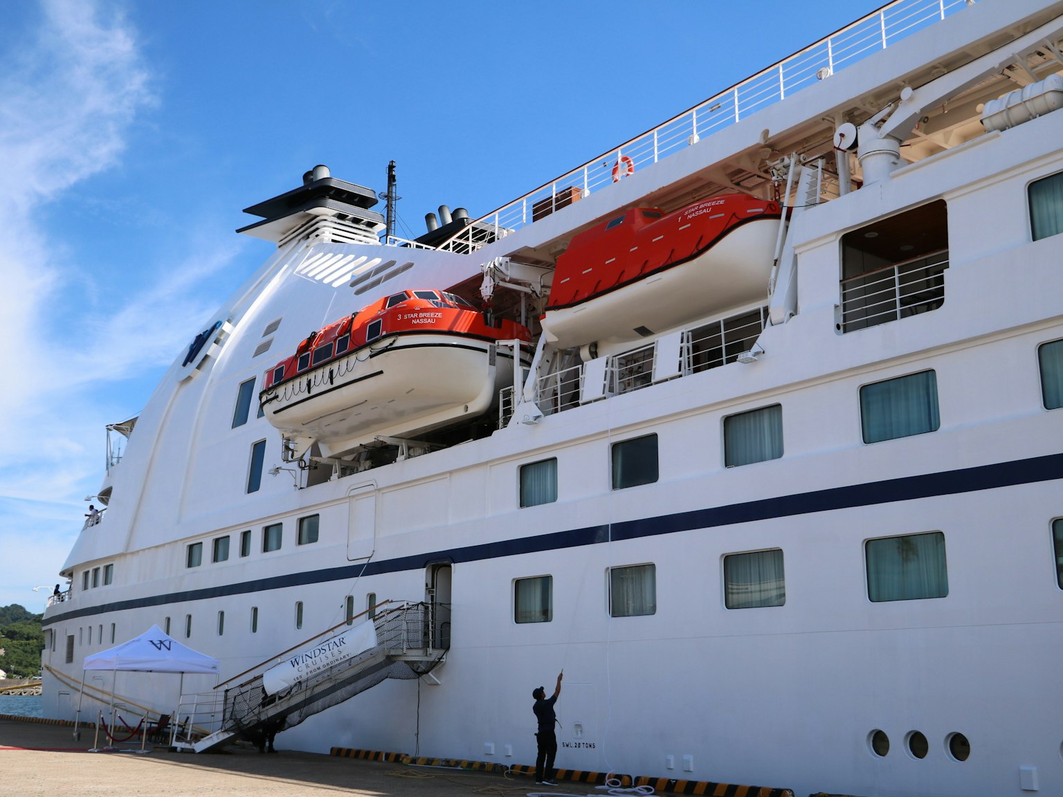 Vista lateral de un gran crucero con botes salvavidas y cielo despejado