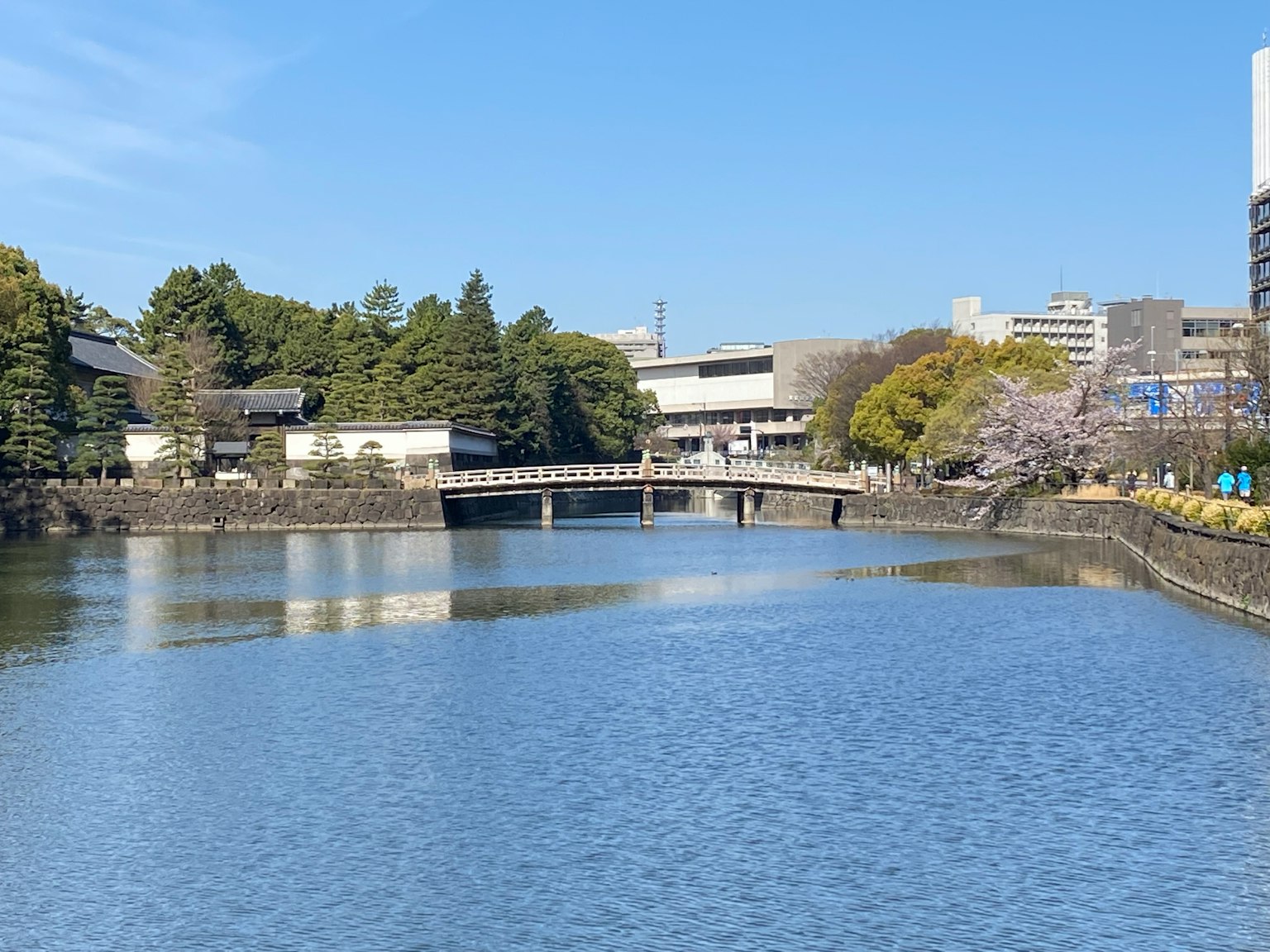 Scenic view of a calm pond with a bridge under a clear blue sky