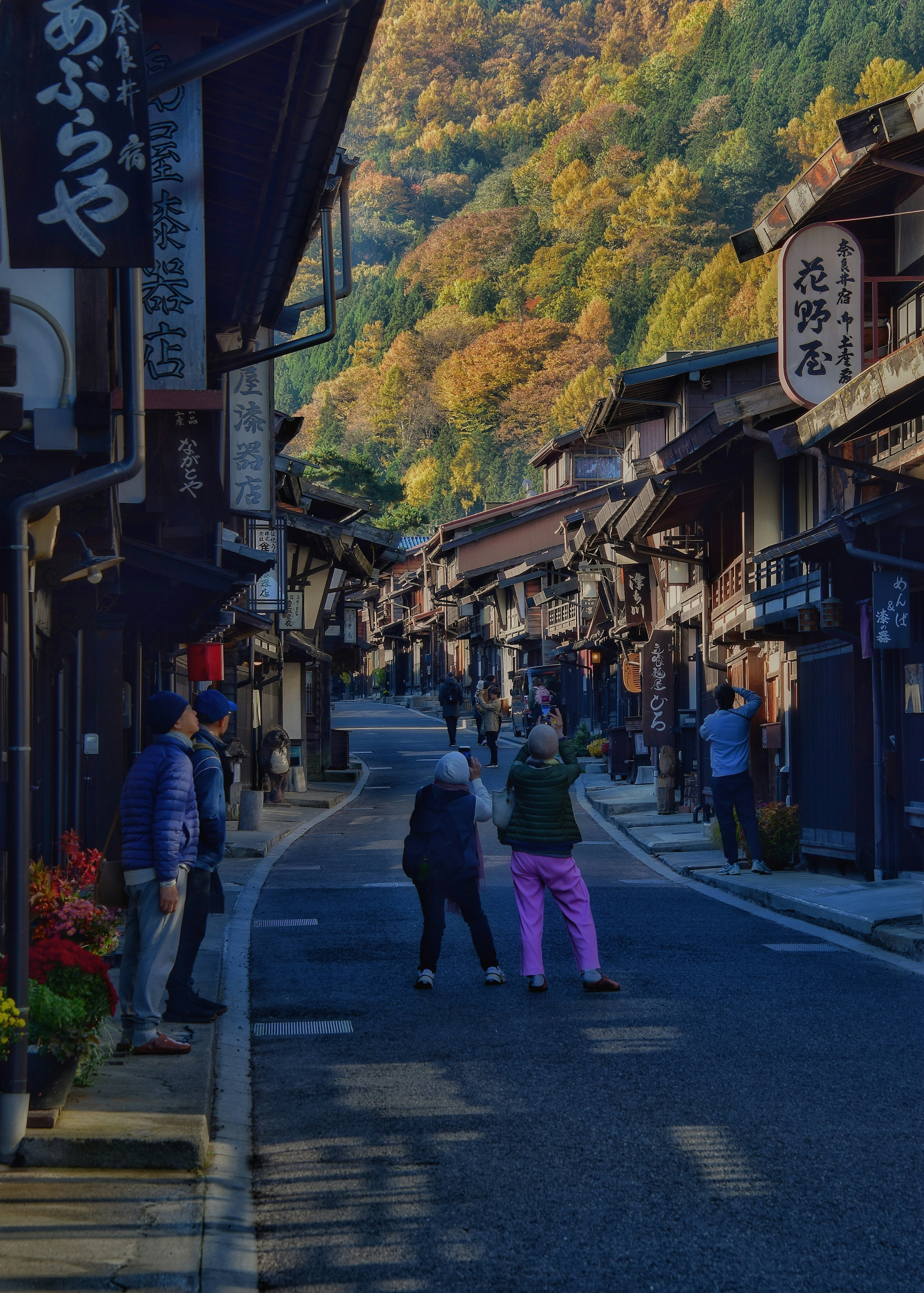 奈良井宿の山並みを背景にした商店街の路地