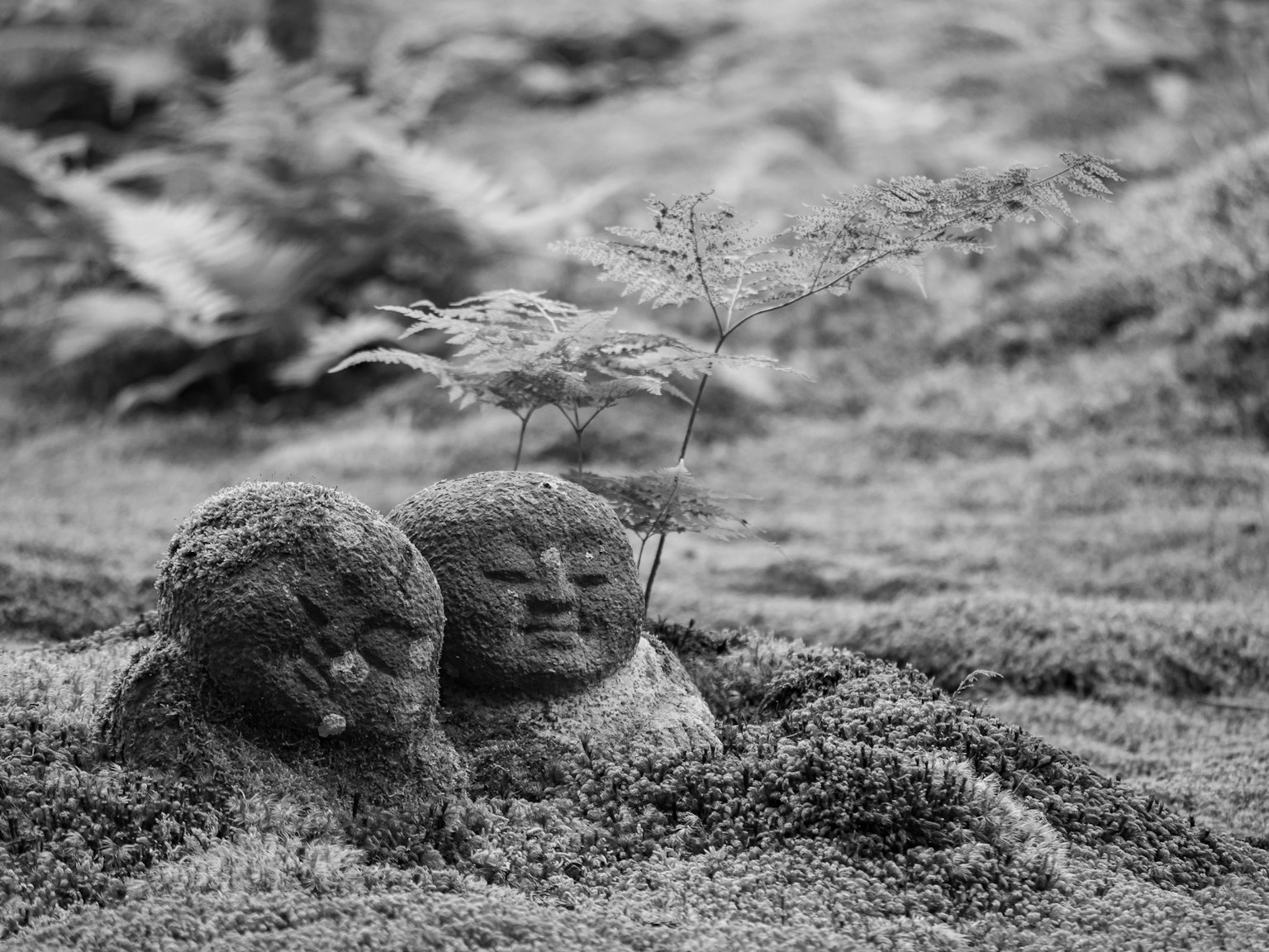 Two stone figures nestled together in a monochrome setting