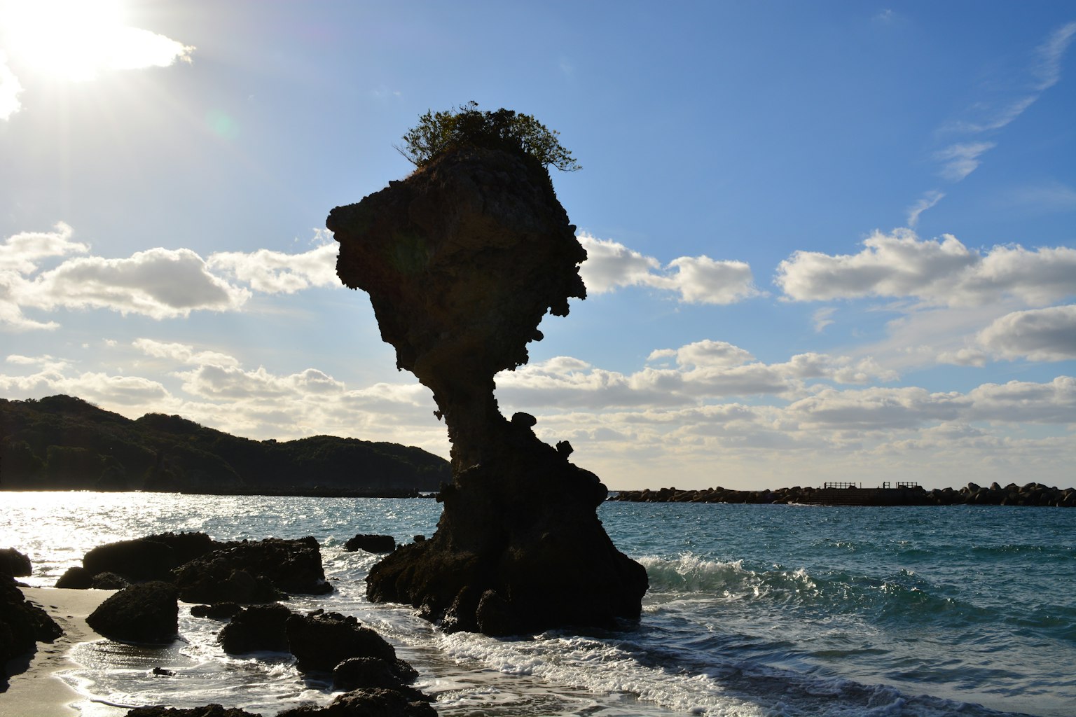 Formación rocosa única que se asemeja a un rostro en la costa con cielo azul