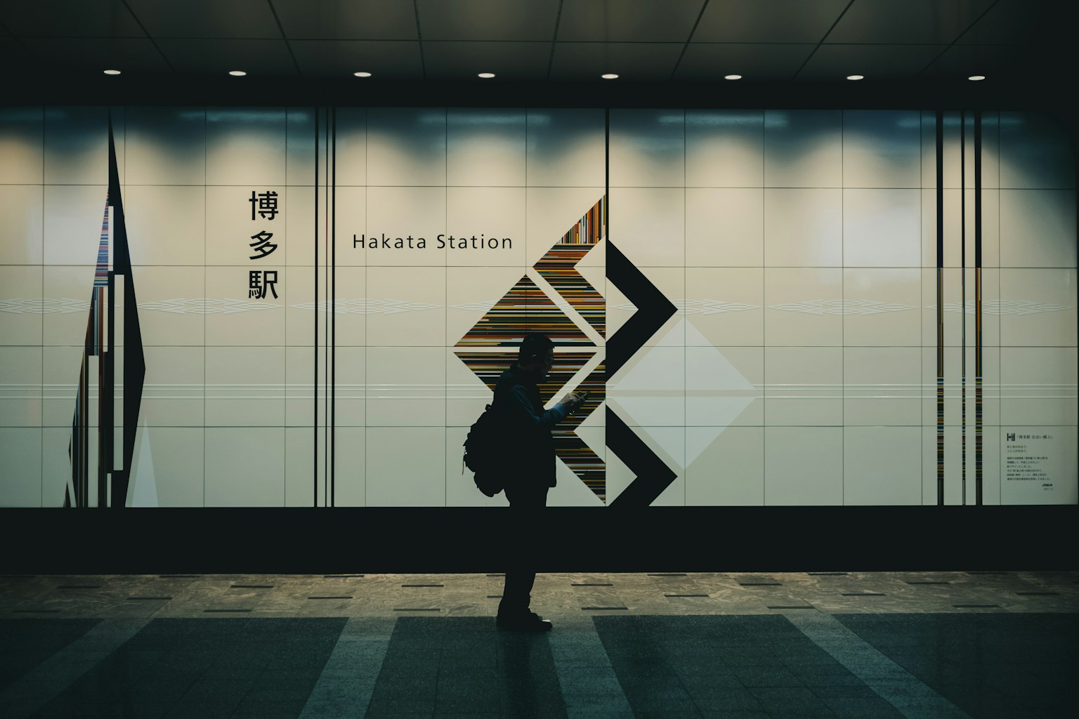 Silhouette of a person in front of Hakata Station design