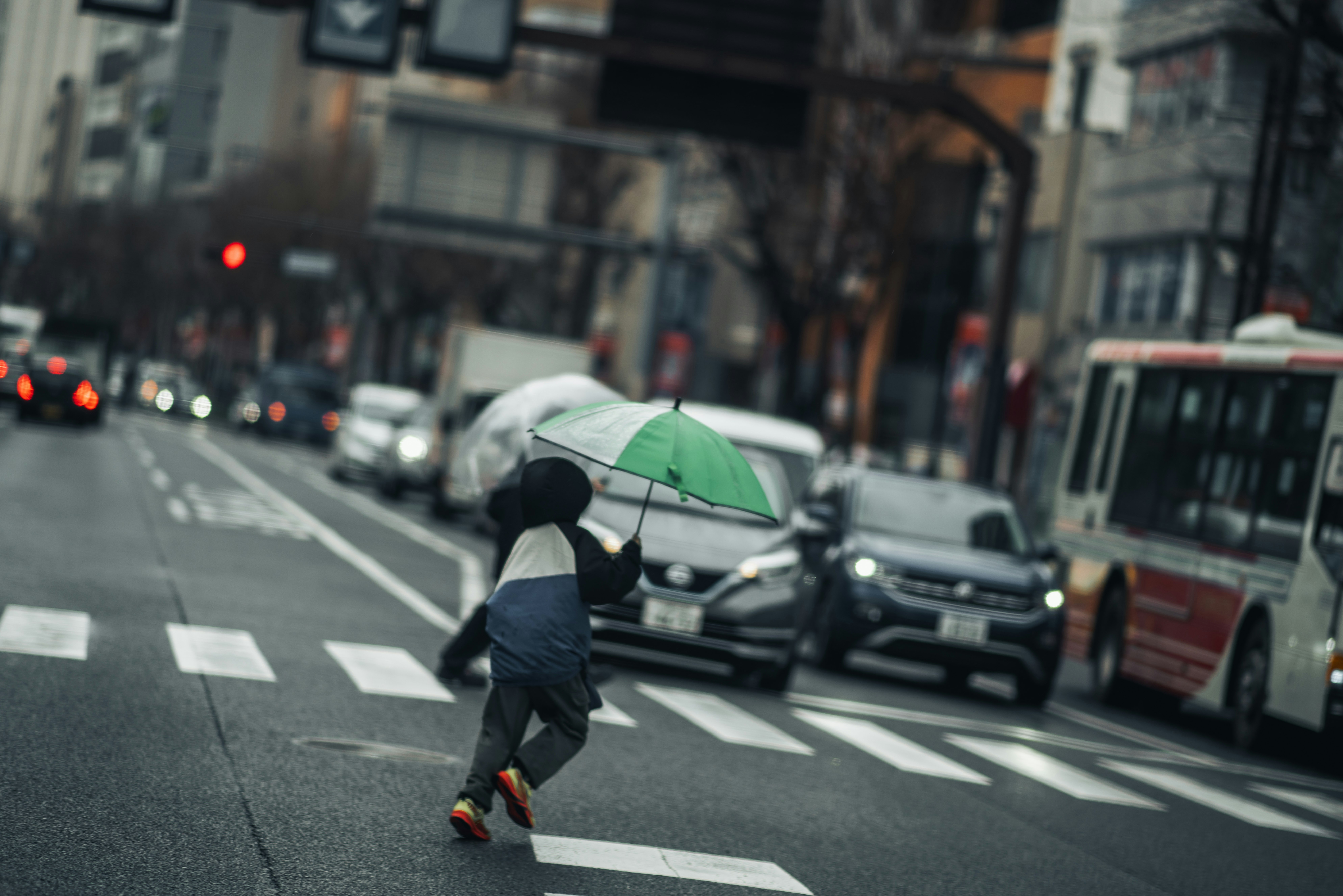 横断歩道を傘をさして歩く人と車のある街の通り