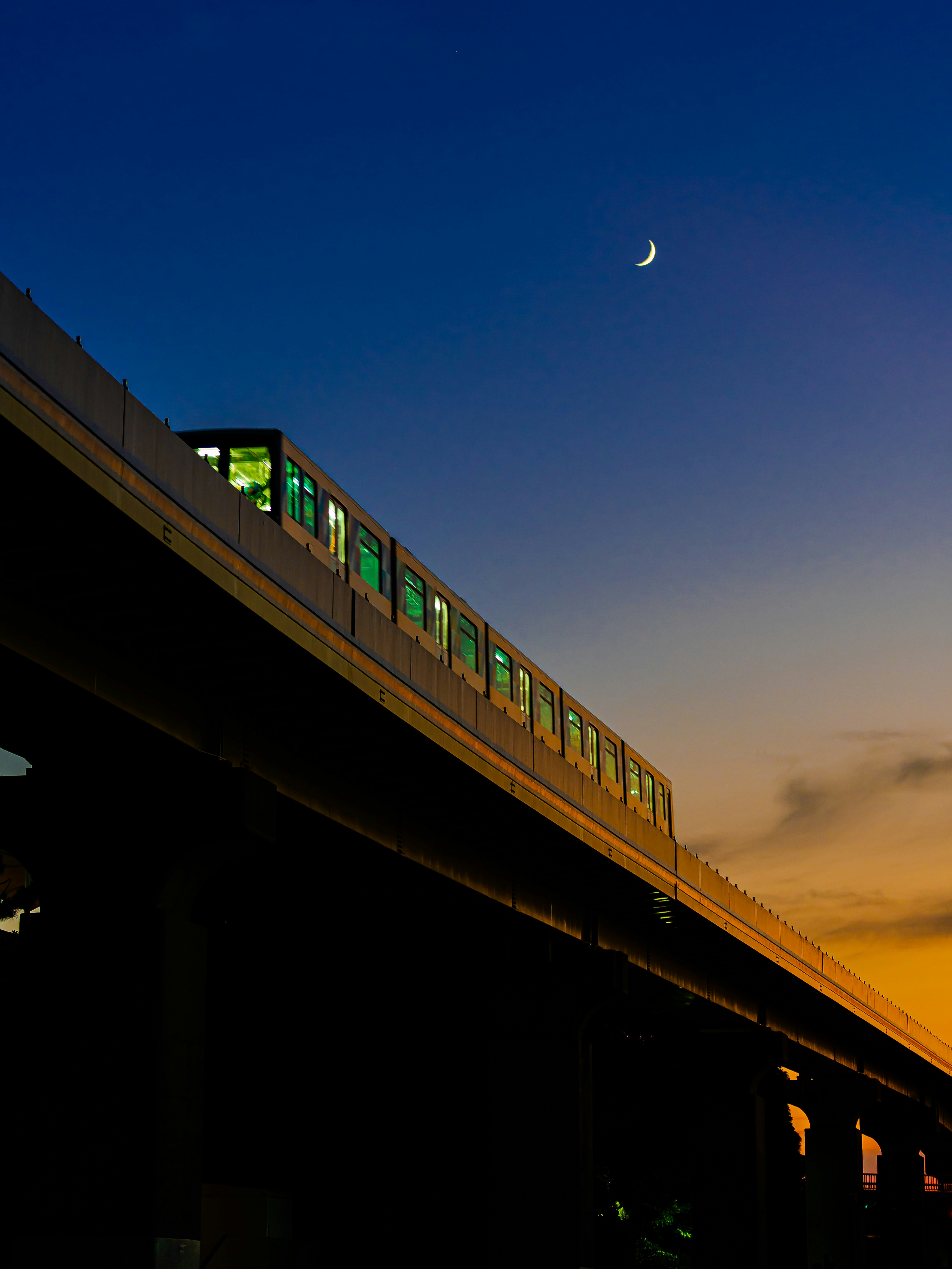 夜空下行駛的列車與海邊高架軌道剪影