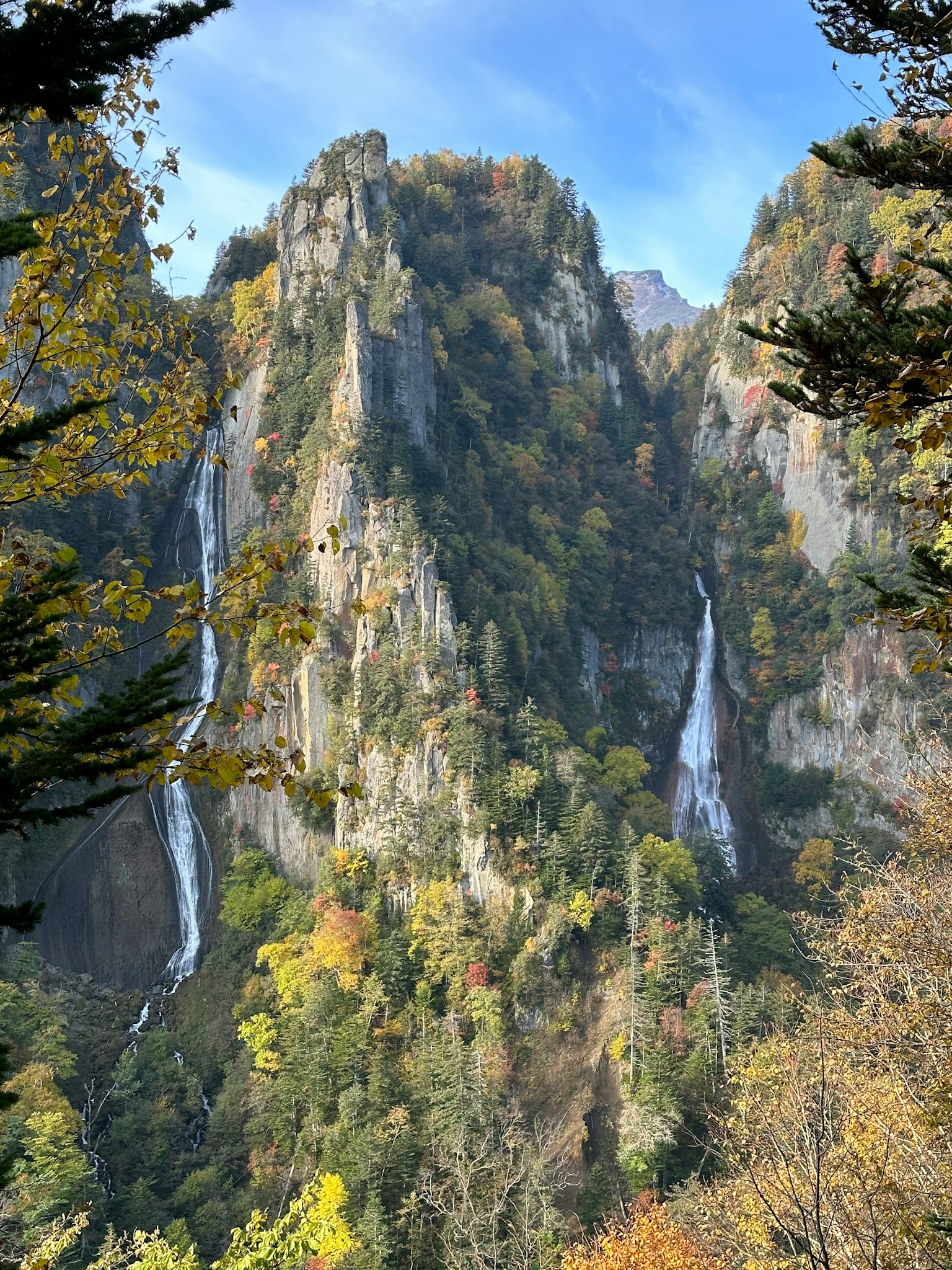 秋天的山景，瀑布环绕着秋叶