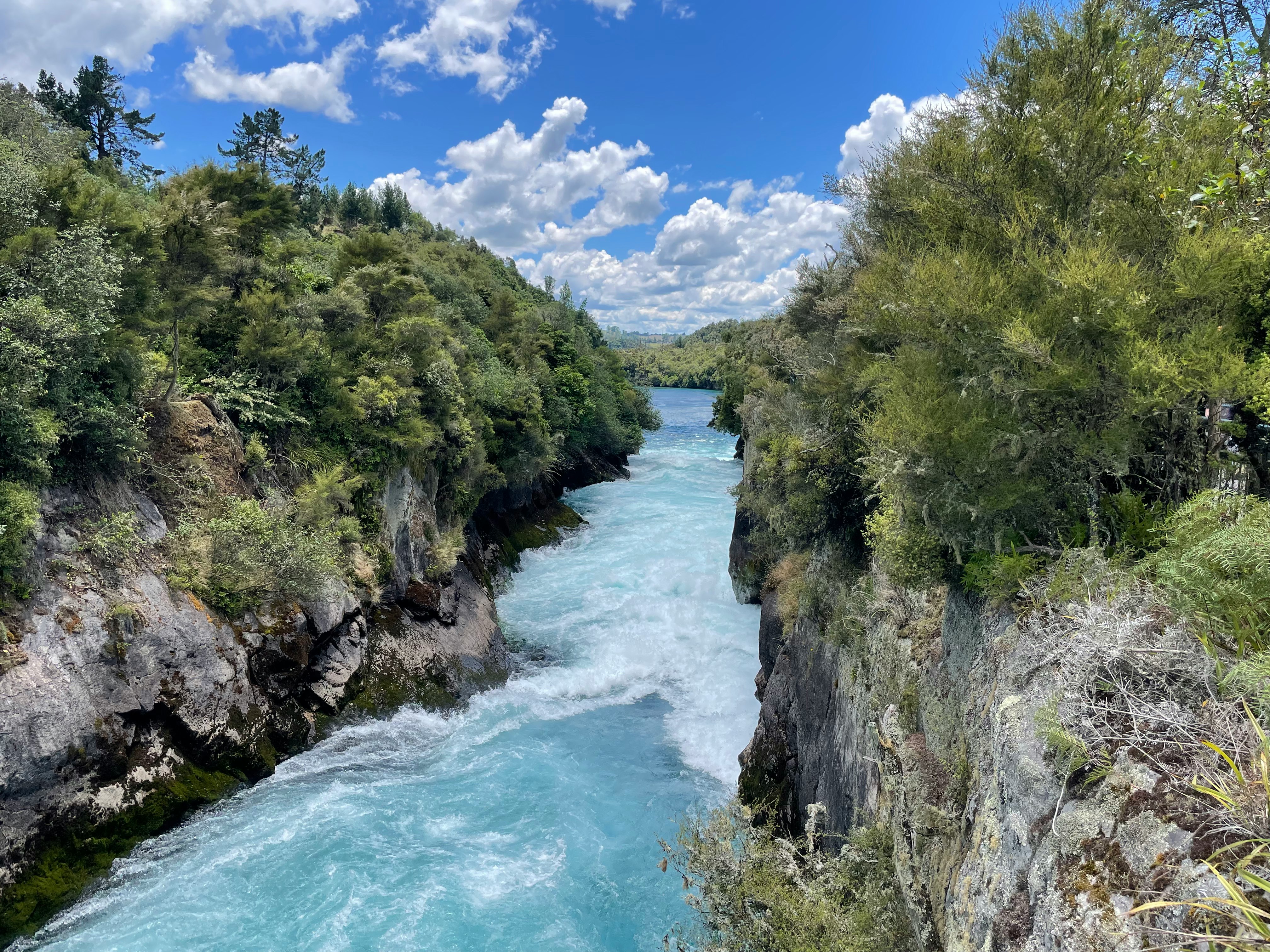 río azul que atraviesa un cañón boscoso