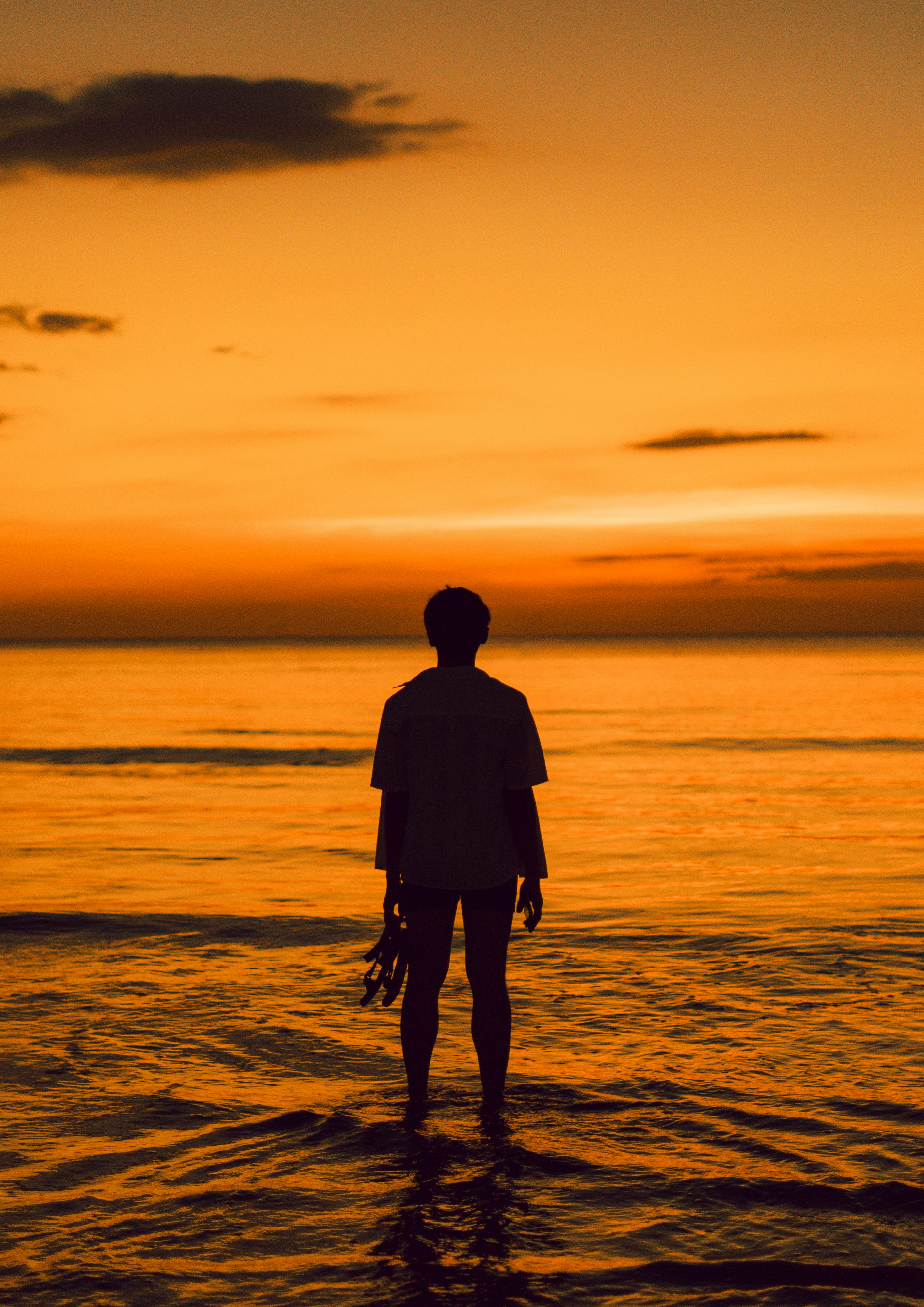 夕日に照らされた海辺で後ろ姿の人物