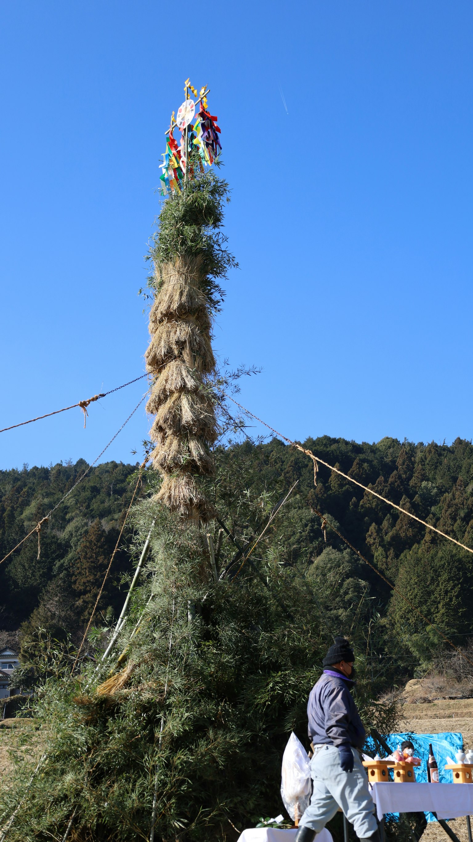 Alto torre di erba sotto un cielo blu con un lavoratore