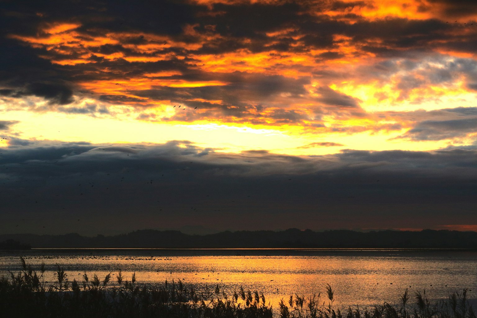 Hermoso paisaje de atardecer con cielo naranja reflejado en la superficie del agua y nubes oscuras