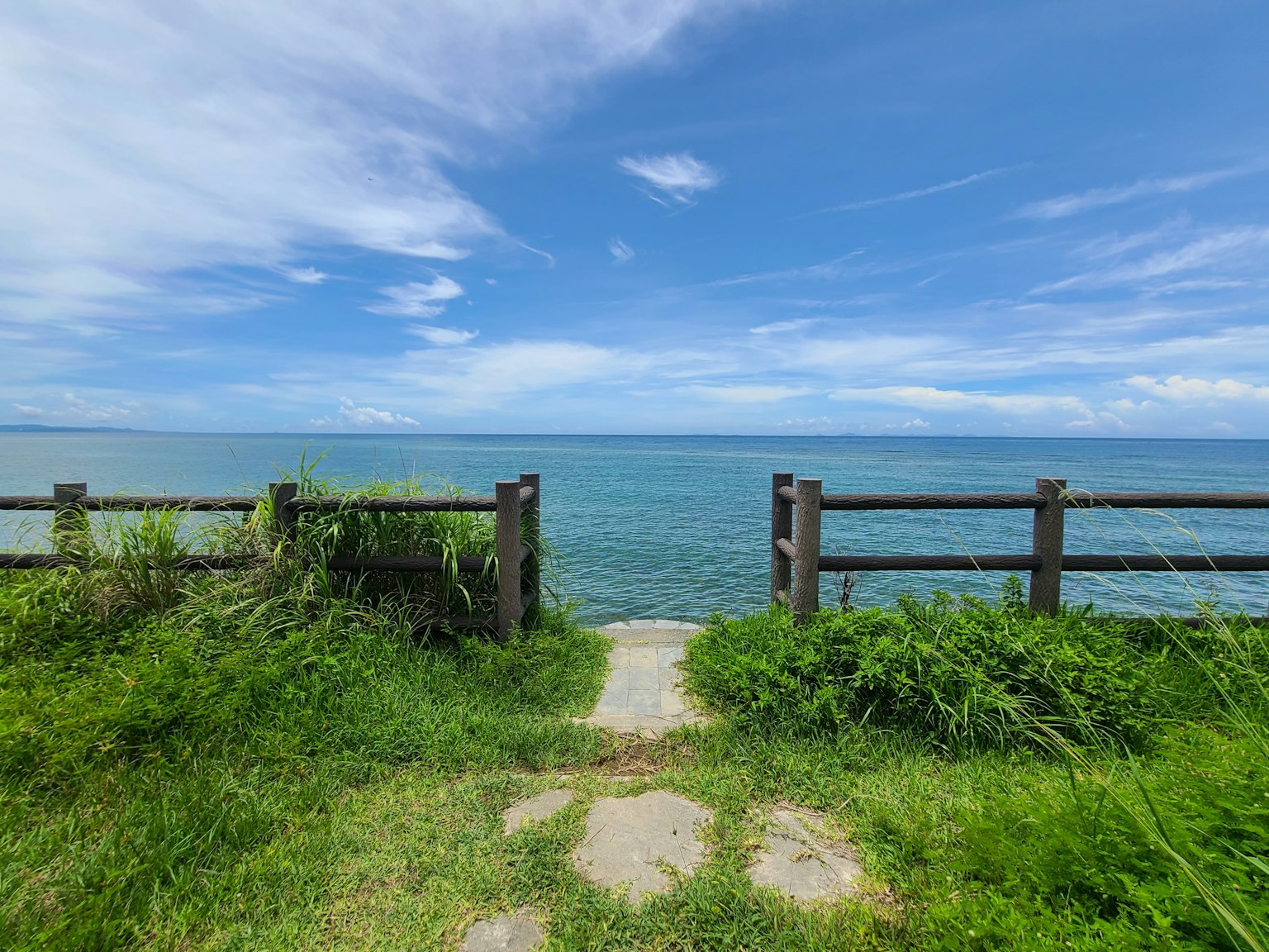 Sentiero circondato da erba verde che conduce al mare e al cielo blu