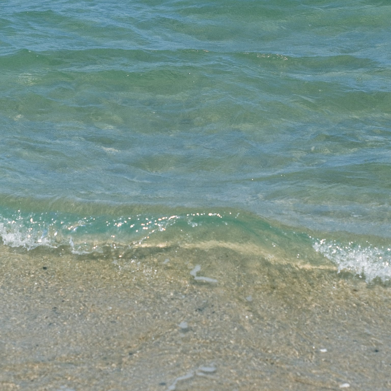 Vagues douces se brisant sur une mer bleue claire et une plage de sable