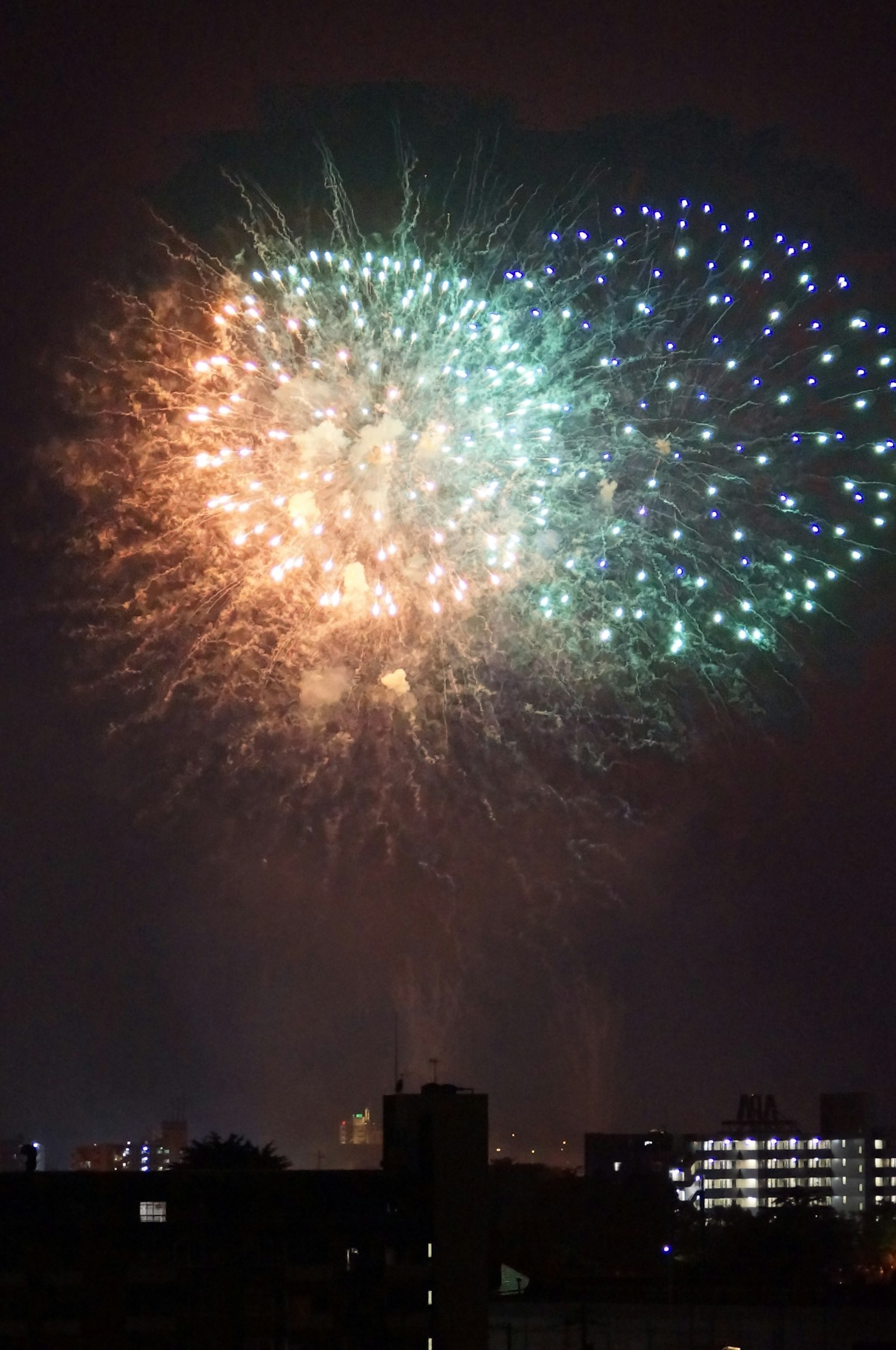 烟花在夜空中绽放，闪耀着橙色和绿色的光芒