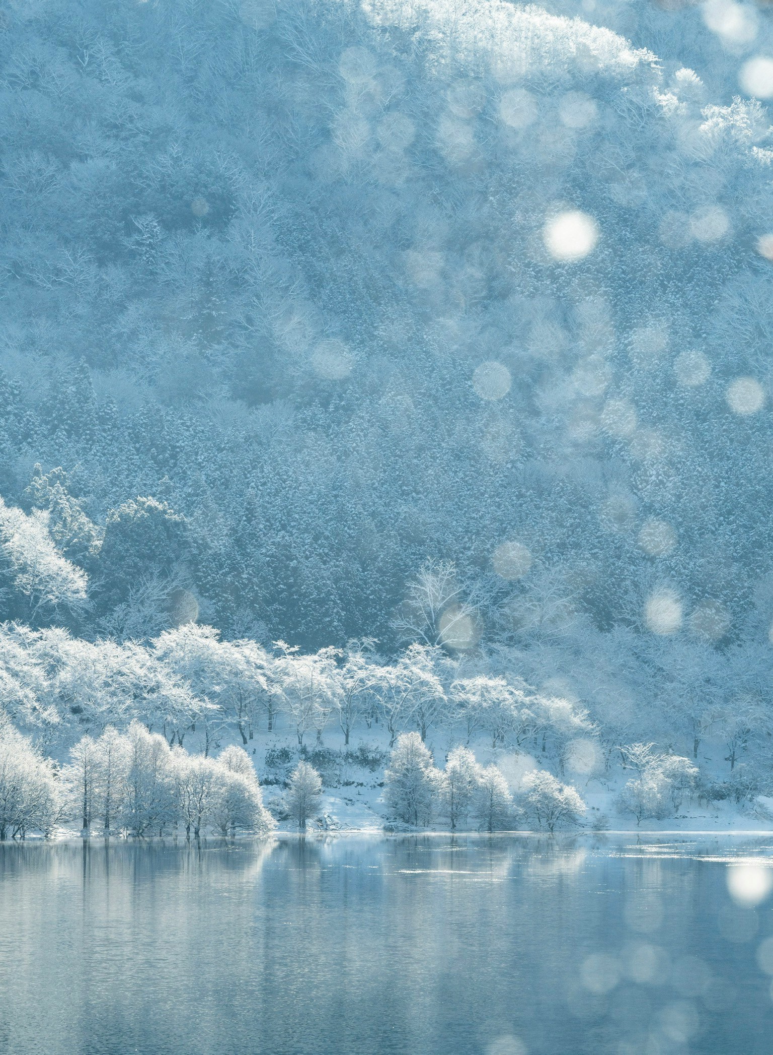 Blue snowy landscape featuring a lake and misty trees